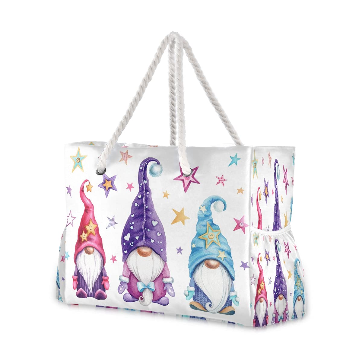 Large Waterproof Beach Tote Bag with Zipper - Magic Gnome & Star Watercolor Design for Women, Perfect for Pool, Gym, Travel & Summer Outings