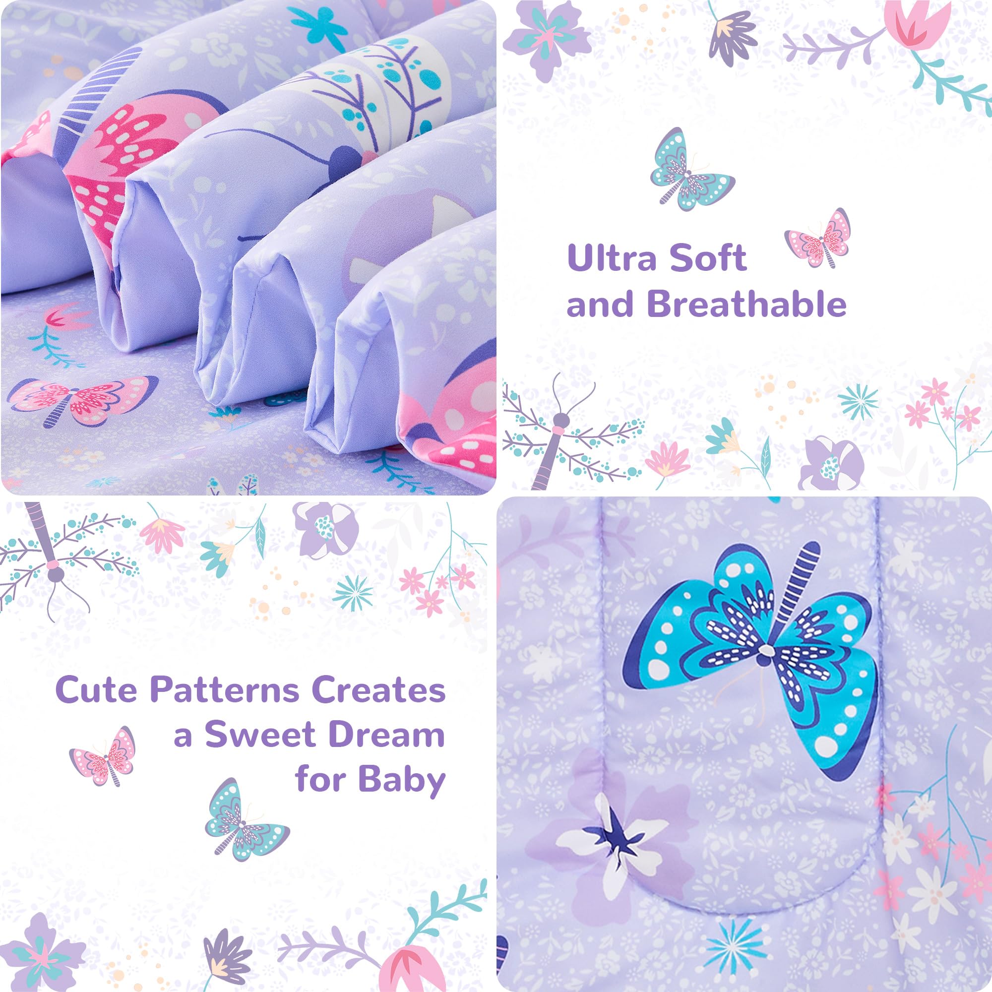 Butterfly Toddler Bedding Set for Girls - 4 Piece Bed-in-a-Bag Comforter Set with Super Soft Microfiber Sheets | Nursery Decor & Toddler Room Essentials for Sweet Dreams
