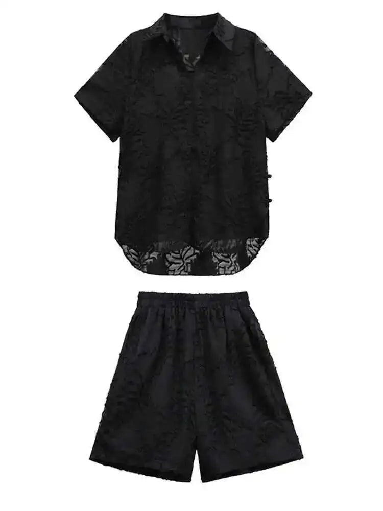Black Jacquard Shirt & Wide Leg Shorts Two-Piece Set - Women's Fashion Short Sleeve Lapel Suit for Spring Summer 2025 | Office Wear, Casual Outfits & Vacation Style
