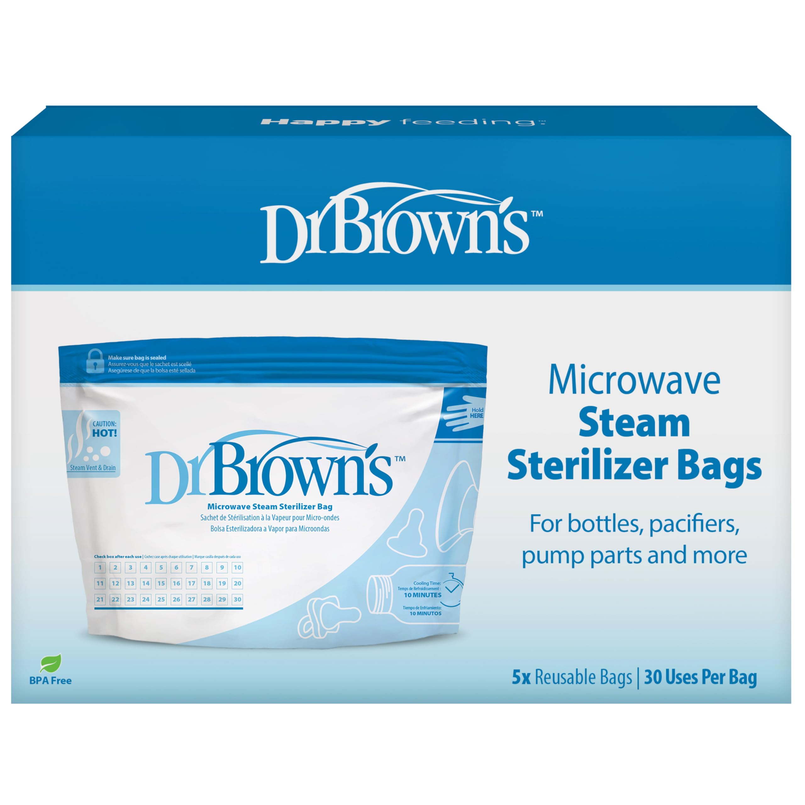 Dr. Brown's 960 Microwave Steam Sterilizer Bags & Soft Touch Bottle Brush Set - Blue | Baby Bottle Cleaning & Sterilizing Kit for Breastfeeding, Travel & Daycare Use