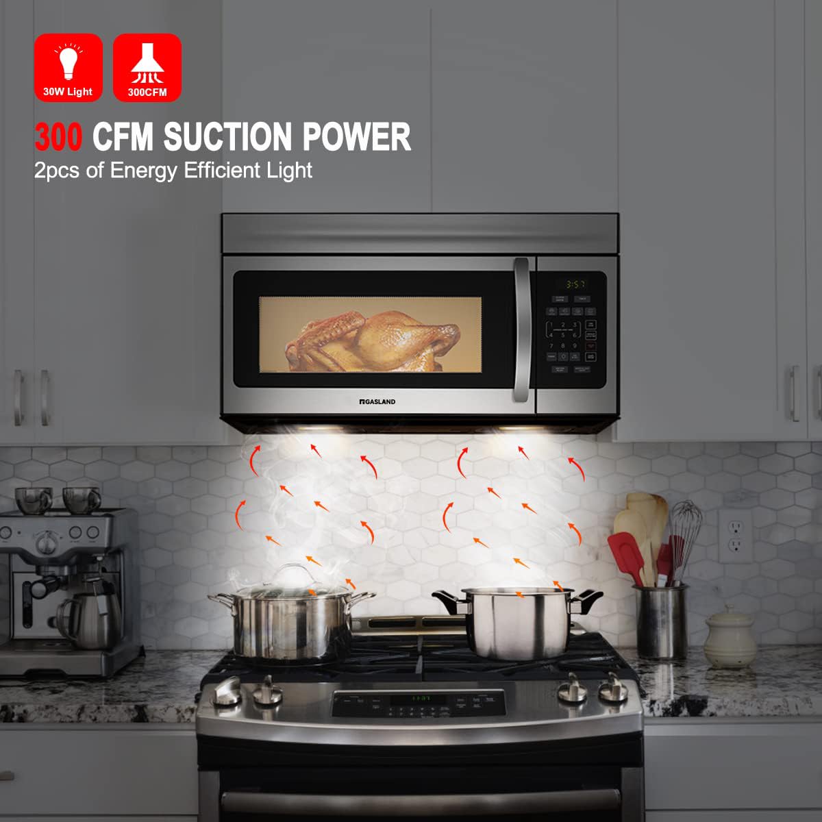 Gasland 1.6 Cu.Ft Over the Range Microwave Oven - 1000W 30 Inch Stainless Steel Built-in Microwave with 300 CFM Exhaust Fan & LED Light (Model OTR1603S) - Perfect for Kitchen Remodeling, Small Spaces & Modern Home Cooking
