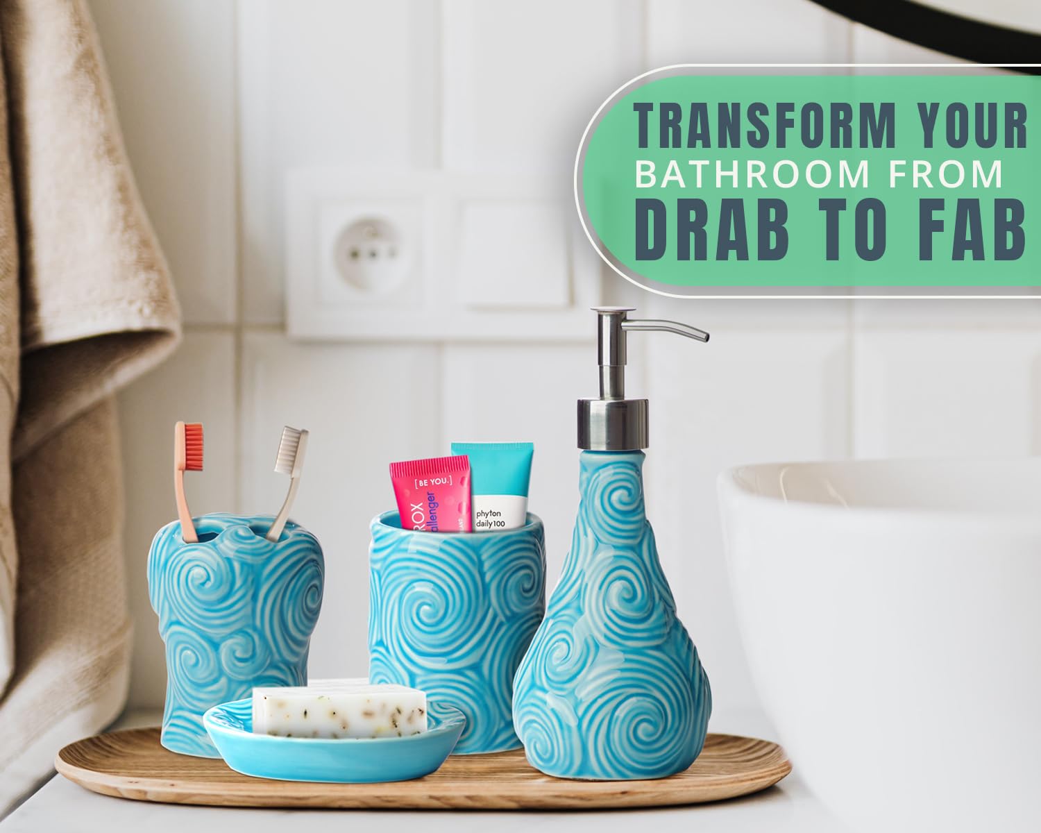 Luxury 4-Piece Bathroom Set - Porcelain Soap Dispenser, Toothbrush Holder, Tumbler & Soap Dish - Glossy Aqua Blue Ocean Waves Design - 15.6oz Capacity - Perfect for Bathroom Organization & Spa-Like Decor