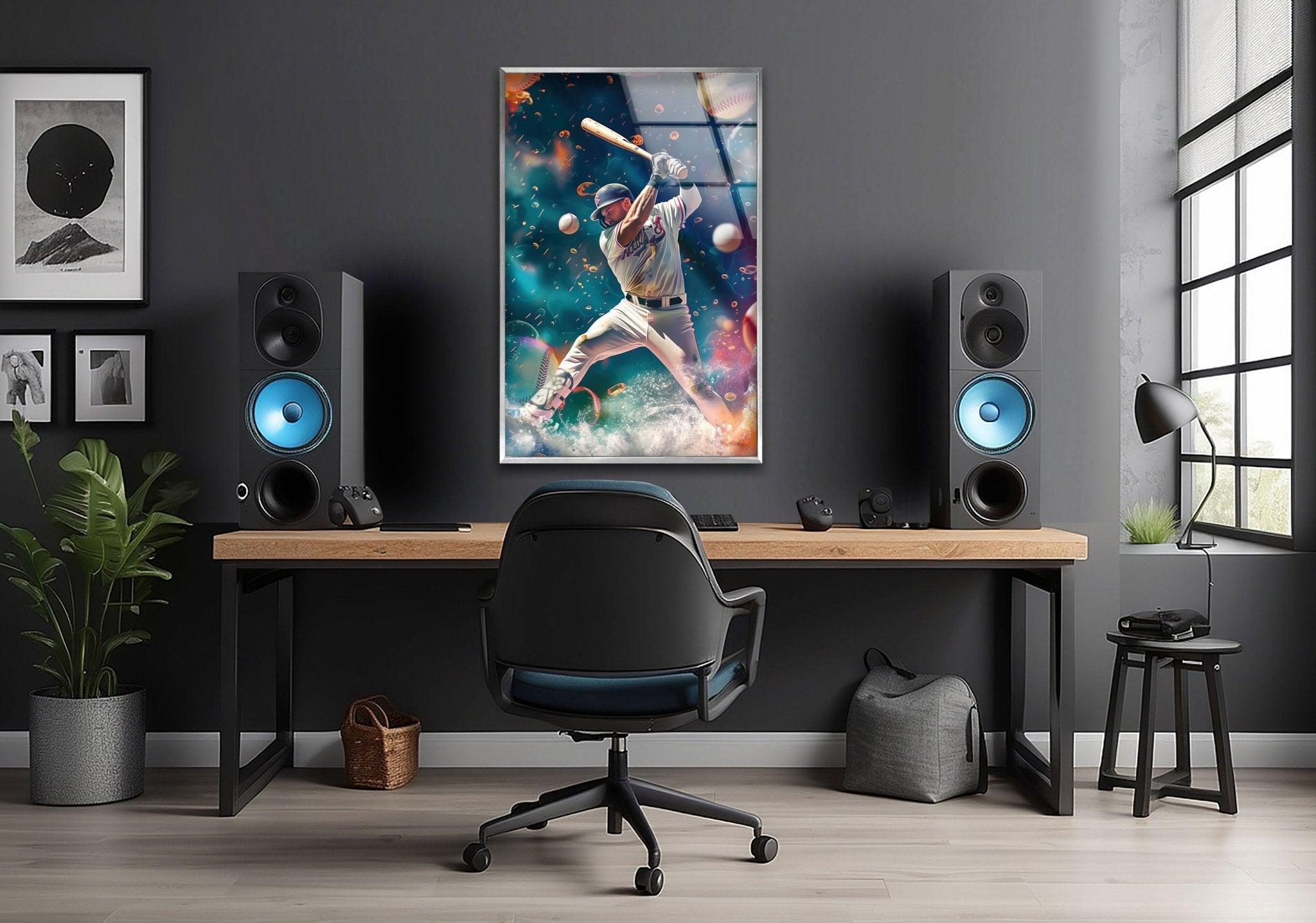 Baseball Player Glass Wall Art - Handmade Sports Decor for Home & Office - Perfect for Man Cave, Game Room, or Sports Bar