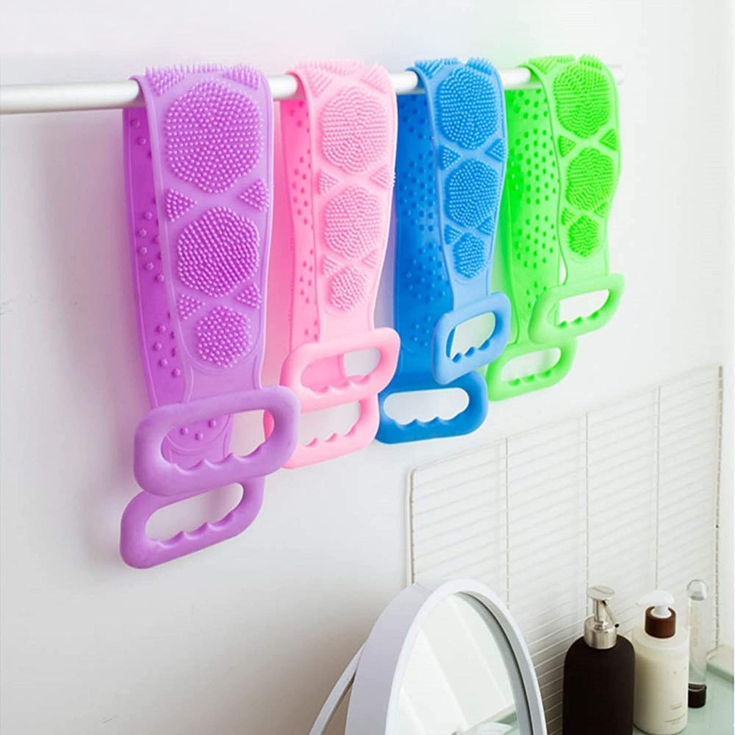 Mini House Silicone Bath Back Scrubber Belt with Handle - Double Sided Exfoliating Brush for Deep Skin Cleaning - Perfect for Women & Men (Blue) - Ideal for Shower, Bath & Spa Relaxation
