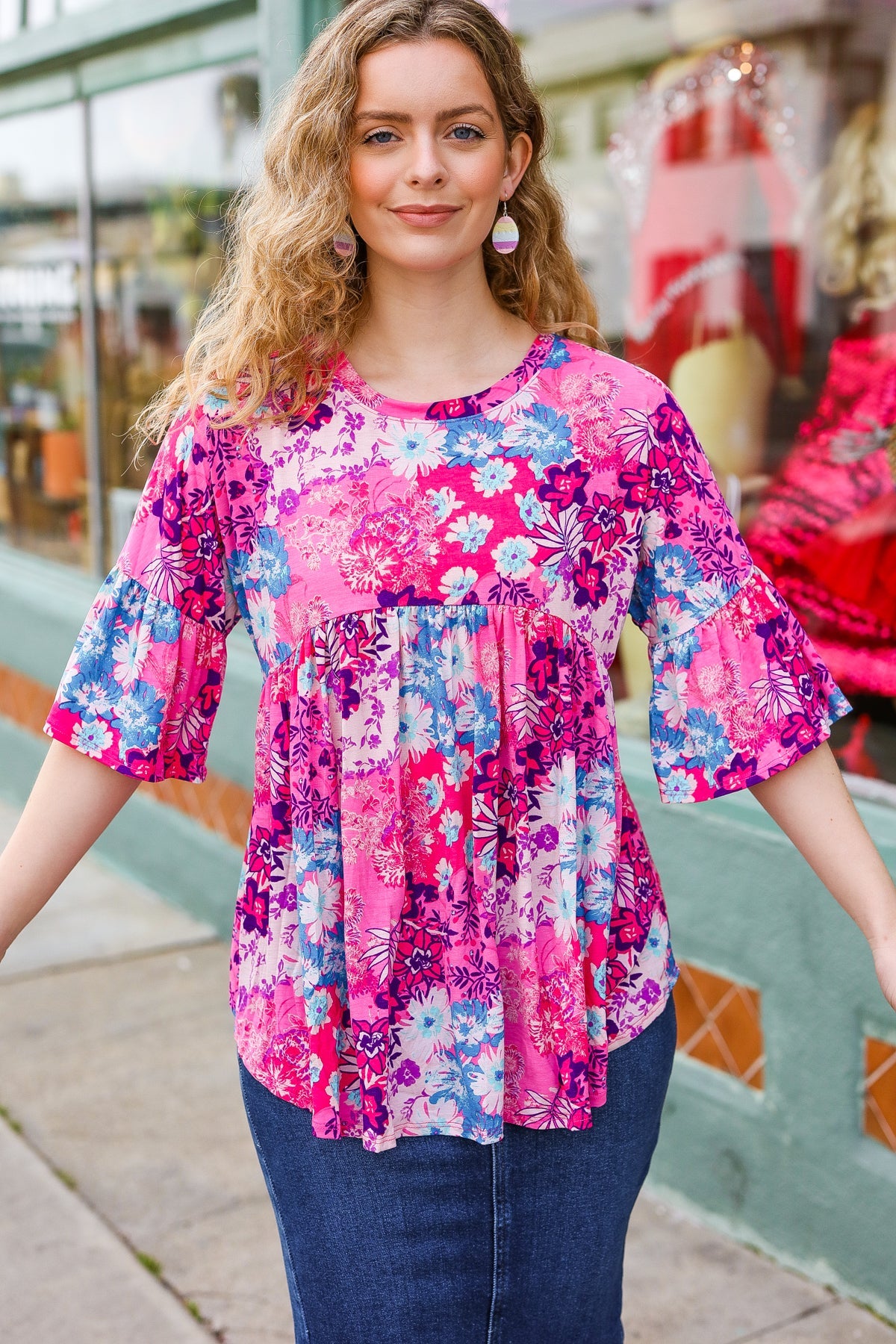 Hayzel Women's Pink & Blue Floral Print Babydoll Bell Sleeve Top - Cute Blouse for Casual Wear, Date Night & Spring Outfits