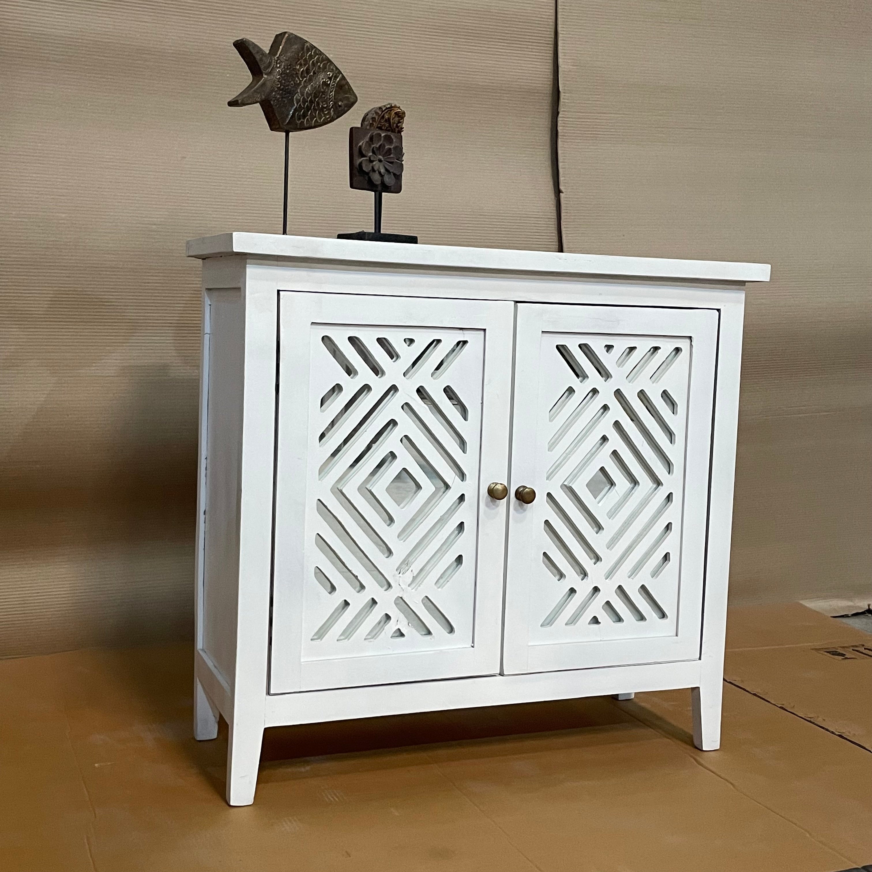 Handcrafted Indian Solid Hardwood Cabinet with 2 Mirror Doors - White (81x31x75cm) | Elegant Storage Solution for Bedroom, Living Room & Entryway