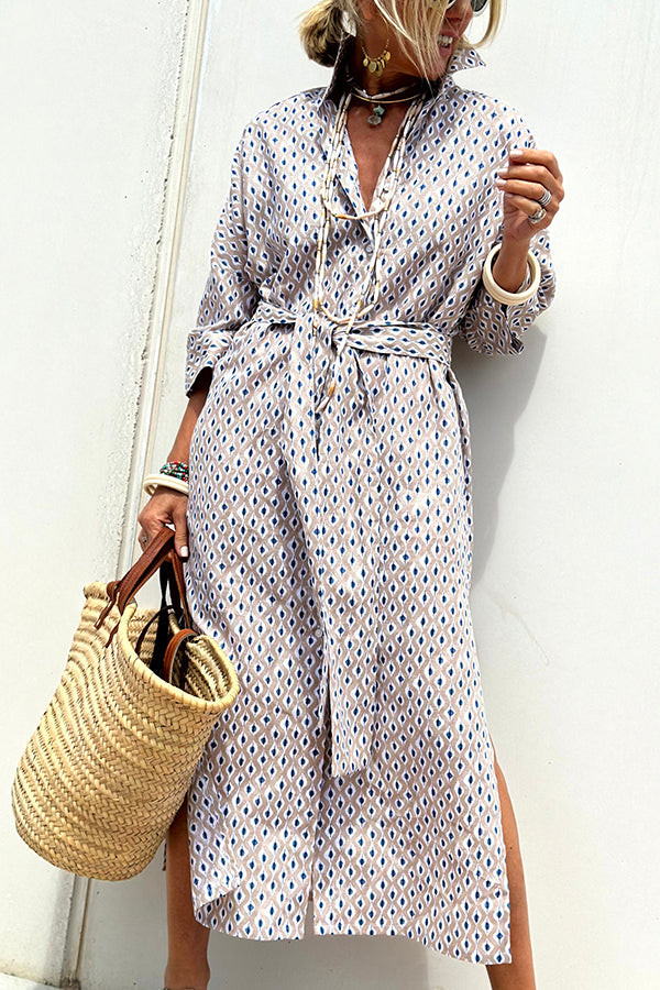 Summer Splendor Printed Button Half Sleeve Belt Loose Shirt Midi Dress - Flowy Boho Chic Outfit for Beach Vacation, Date Night & Casual Wear