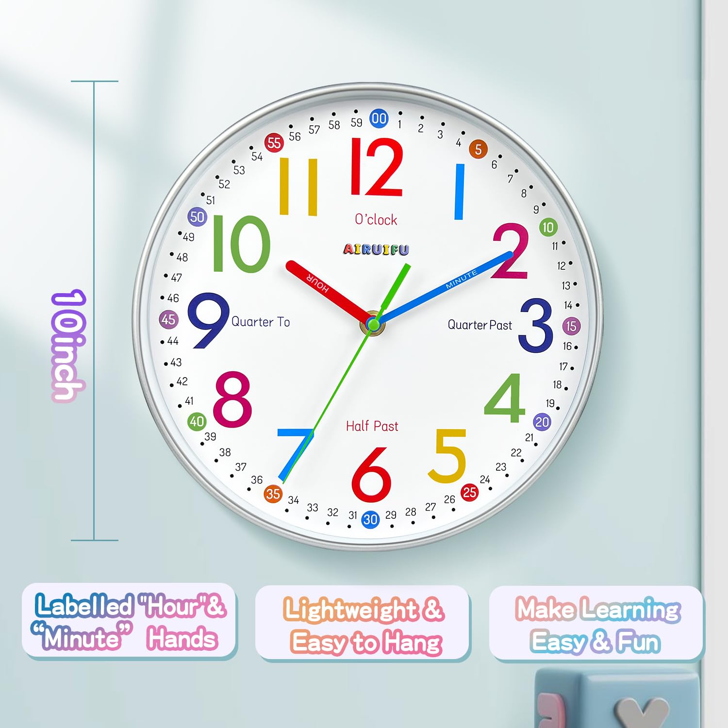 Educational Telling Time Teaching Clock for Kids - Silent Analog Learning Wall Clock for Bedrooms, Classrooms & Playrooms - Perfect for Teaching Time, Room Decor & Child Development