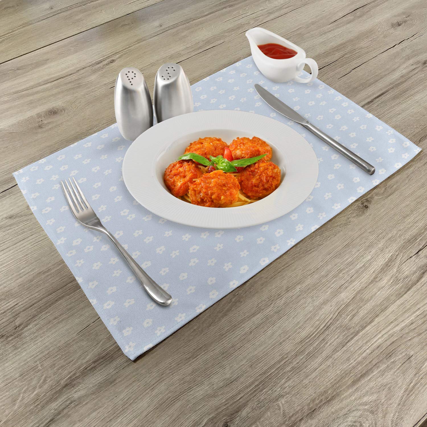 Ambesonne Floral Place Mats Set of 4 - Scattered Spring Blossoms Wild Flowers Design Washable Fabric Table Mats for Dining Room Decor, Standard Size (Pale Blue & White) - Perfect for Spring Tablescapes, Dinner Parties & Everyday Meals