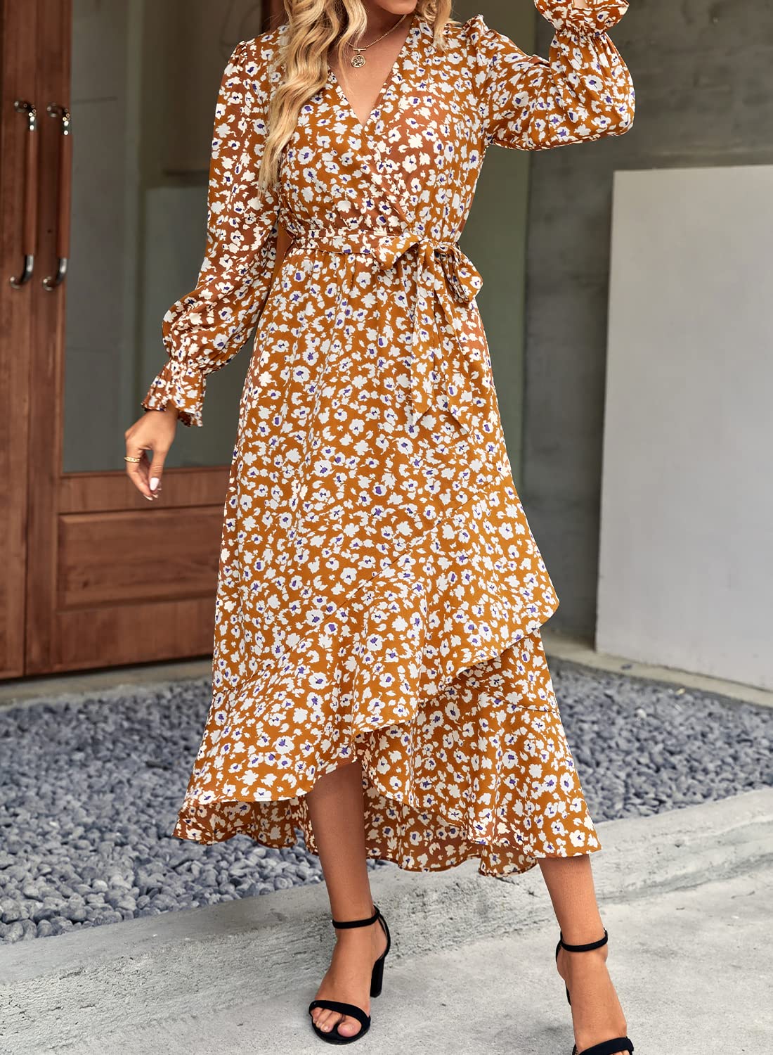 BTFBM Women's Long Sleeve Floral Dress - V Neck High Waist Ruffle Boho Maxi Dress for Spring Summer 2025 | Wedding Guest Dress, Garden Party, Date Night & Special Occasions