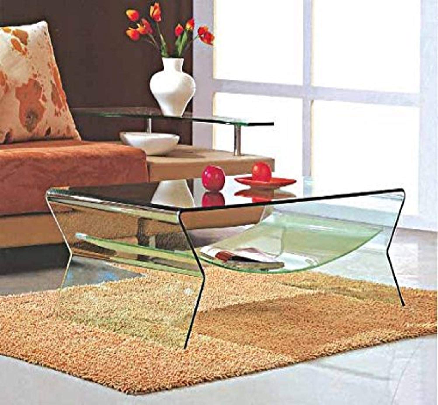 Modern Bent Glass Coffee Table with Frosted Shelf - Contemporary Neos Furniture Collection - Perfect for Living Room, Office & Lounge Decor