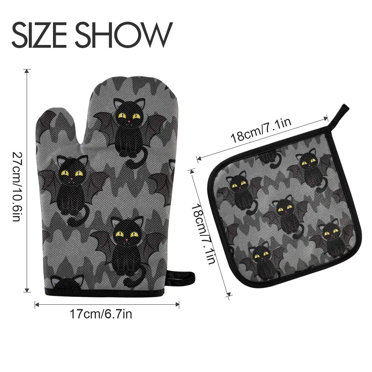 Halloween Black Cat Bat Wings Oven Mitts & Pot Holders Set - Cute Heat Resistant Non-Slip Kitchen Accessories for Cooking, Baking, BBQ - Perfect for Halloween Decor & Holiday Gift Giving