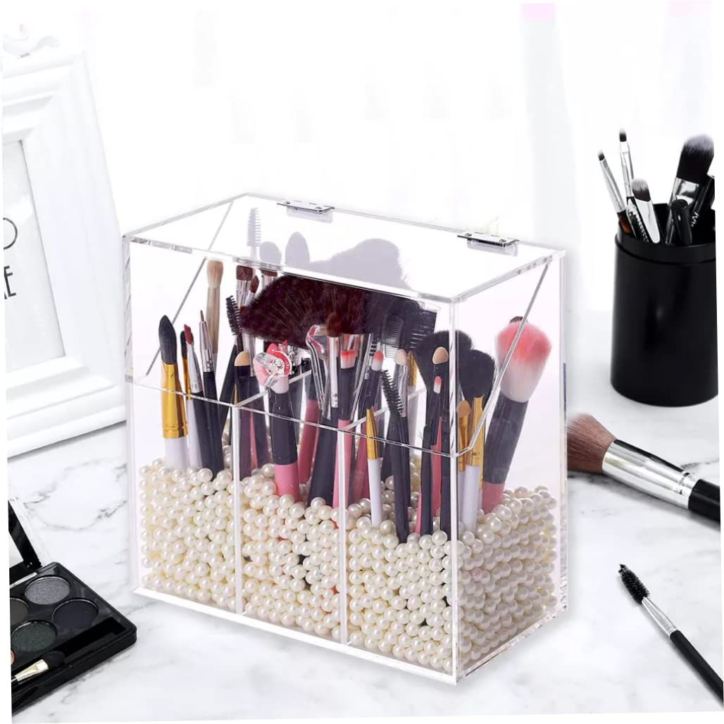 Clear Acrylic Makeup Brush Organizer with Lid - 3 Compartment Cosmetic Brush Storage Box | Perfect for Vanity, Bathroom & Travel Organization | Makeup Brush Holder for Professional & Home Use