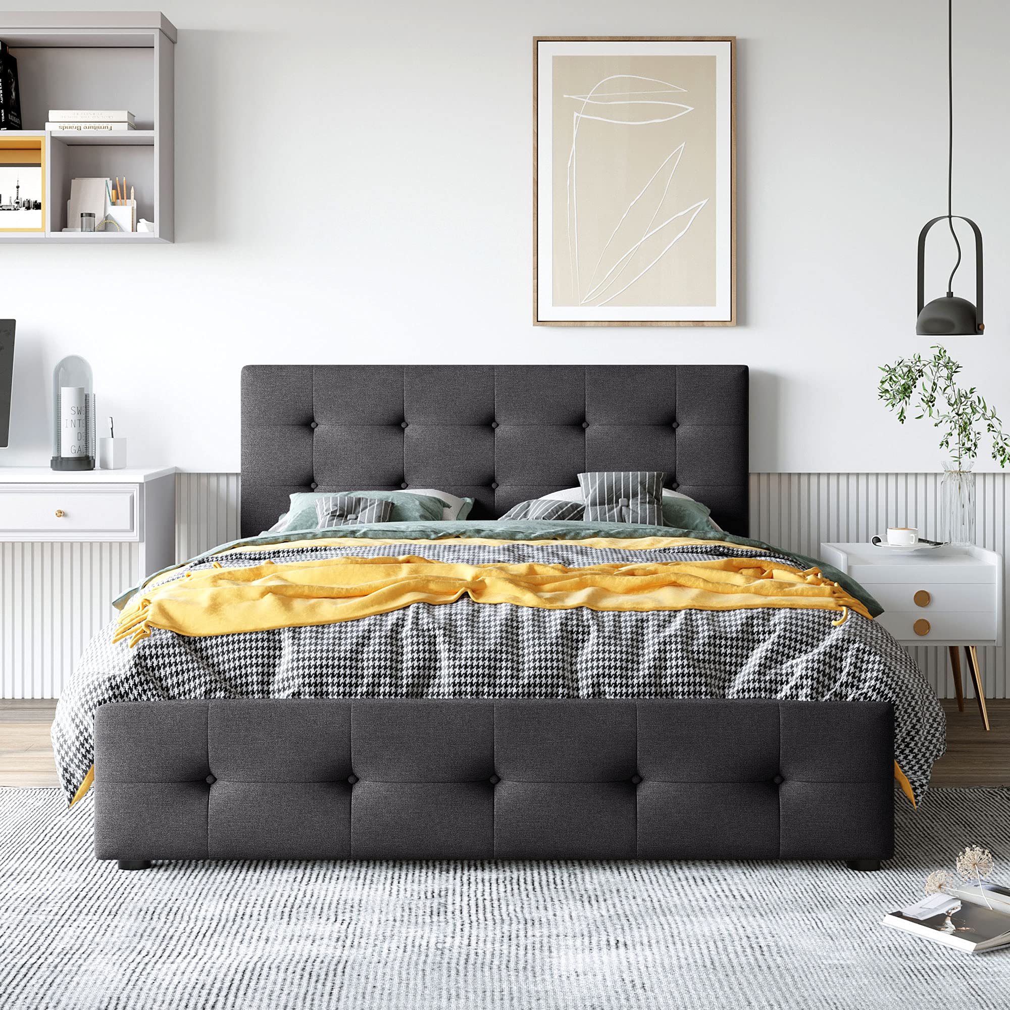 Queen Size Modern Upholstered Platform Bed with 4 Large Storage Drawers - Button Tufted Headboard, Wooden Slats & Center Support Legs - No Box Spring Required (Dark Gray) - Perfect for Master Bedrooms, Guest Rooms & Small Space Living