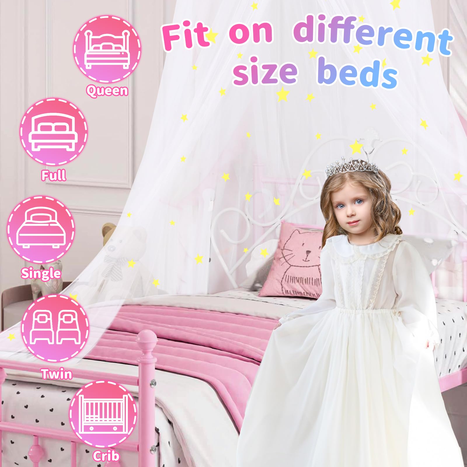 **Glowing Star Princess Bed Canopy for Girls - Kids Room Decor with Starry Net Curtains - Fits Single, Twin, Full & Queen Beds - Perfect for Bedroom, Nursery & Sleepover Decorations**