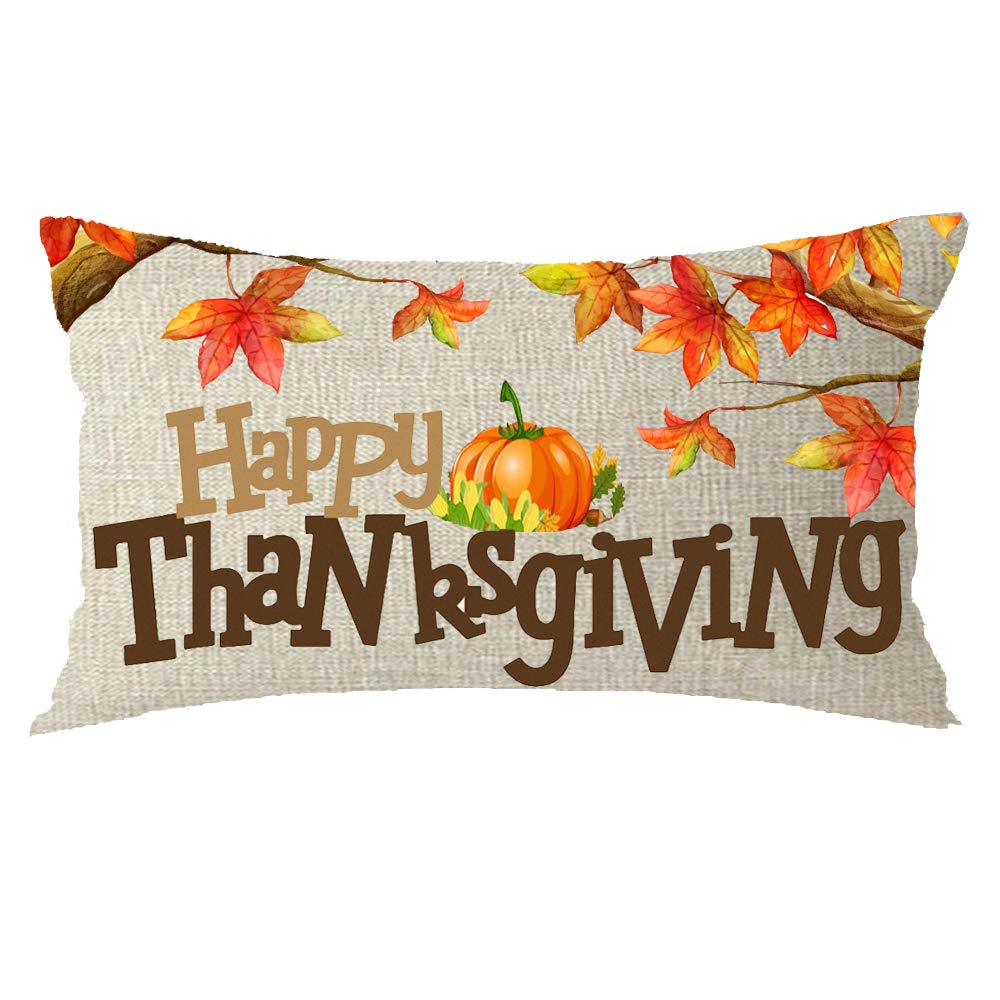 Happy Thanksgiving Autumn Maple Leaf Pumpkin Cotton Linen Throw Pillow Covers 12x20 Inch - Fall Home Decor for Sofa, Couch, Bedroom - Perfect for Thanksgiving, Wedding & Birthday Gifts