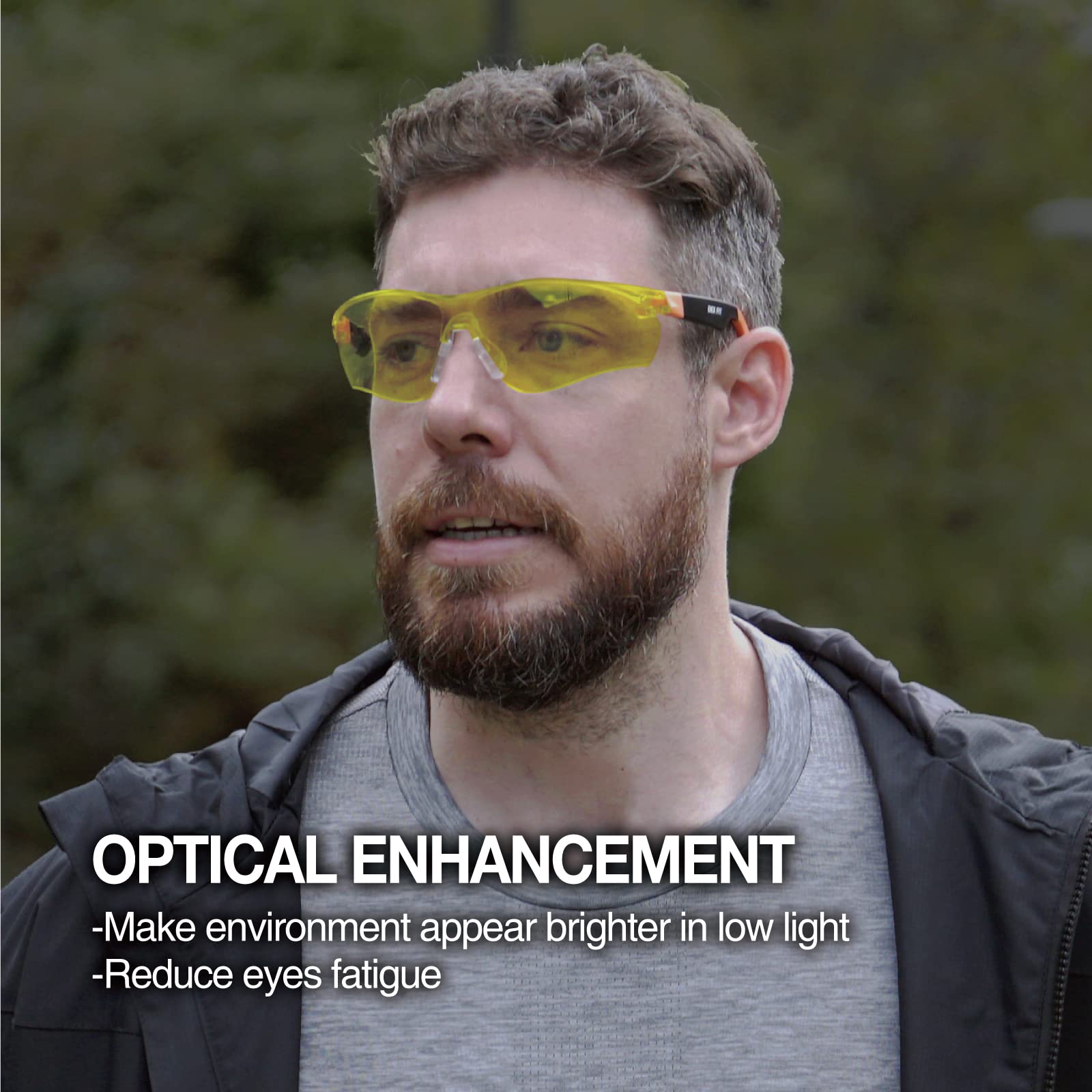 DEX FIT Safety Glasses SG210 - ANSI Z87.1 Certified Protective Eyewear for Men & Women | Anti-Fog, Scratch Resistant, UV & Blue Light Protection | Adjustable Black/Orange Frame with Yellow Lens | Perfect for Construction, Lab Work & Outdoor Activities