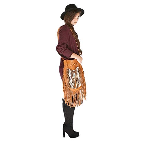 Boho Round Leather Crossbody Bag with Fringe | Genuine Leather Bohemian Purse for Women | Perfect for Music Festivals, Beach Outings & Casual Everyday Use