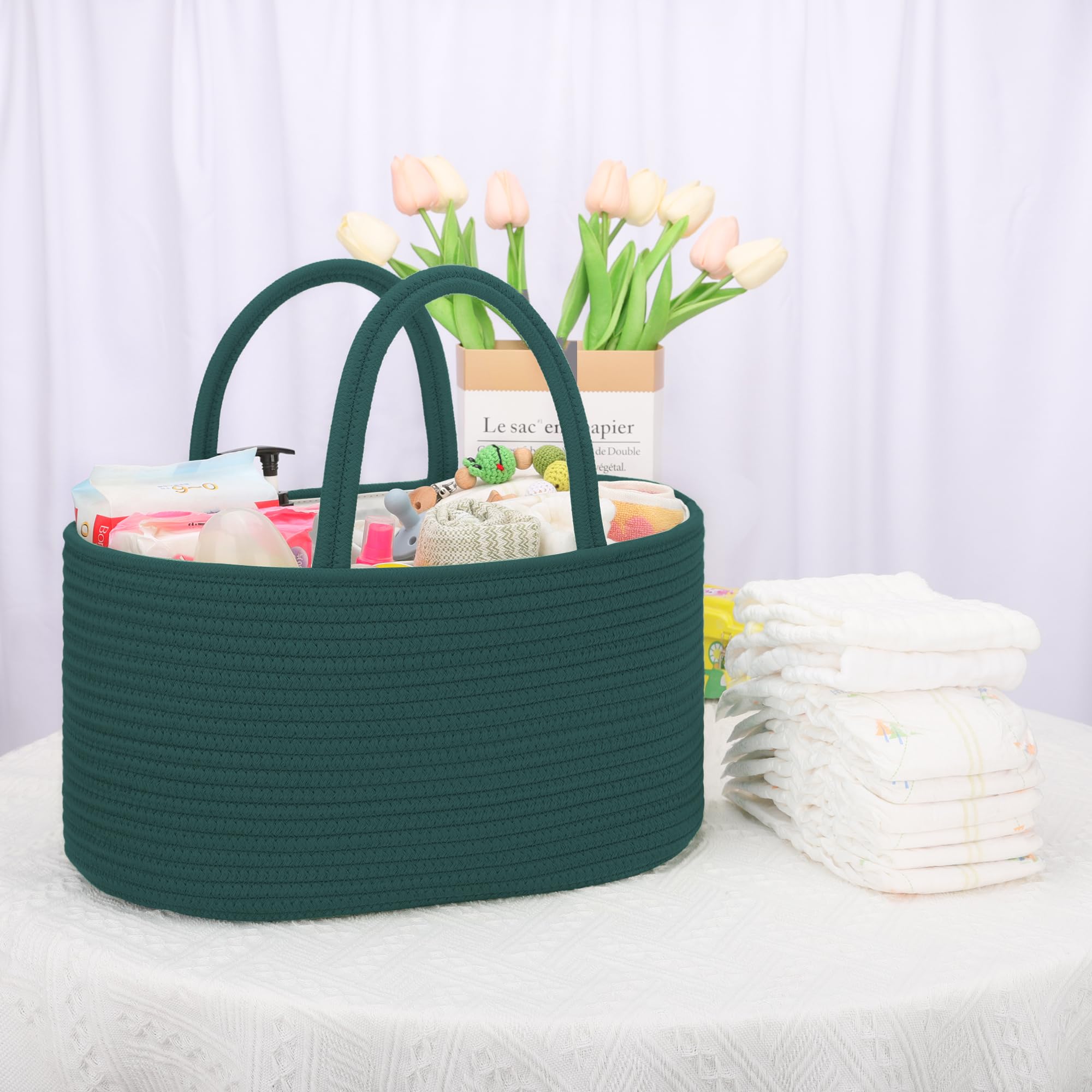 COMSE Baby Diaper Caddy Organizer - Portable Diaper Basket with Dividers, Baby Car Organizer & Changing Station - Perfect for Nursery, Travel & Baby Shower Gifts (Dark Green) - Essential Newborn Registry Must Have for Diaper Storage & Organization