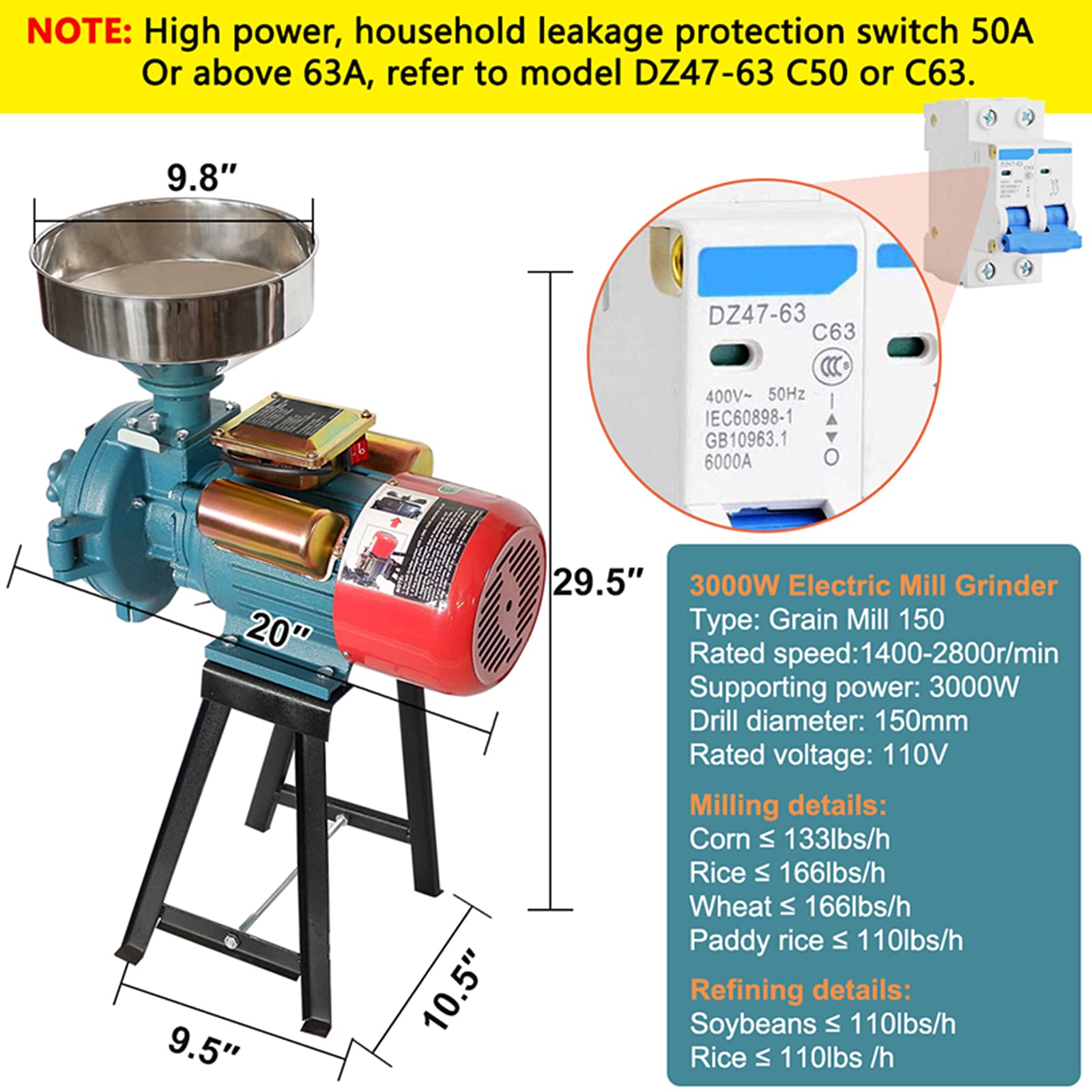 NAIZEA 3000W Commercial Electric Grain Mill - Heavy Duty Wet & Dry Cereals Grinder for Corn, Wheat, Flour - Perfect for Bakeries, Restaurants & Home Use