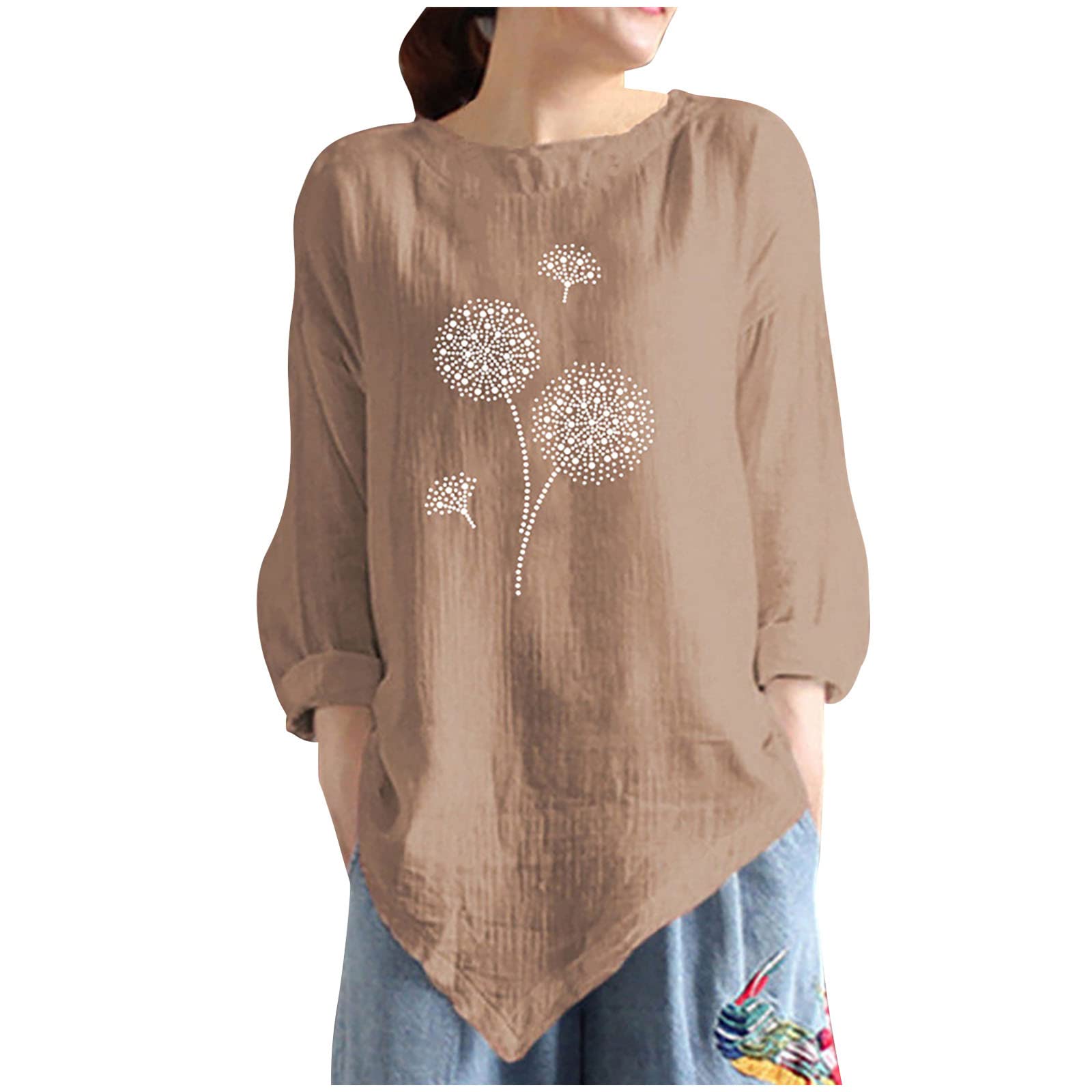 Women's Casual Long Sleeve T-Shirt - Dandelion Print Round Neck Cotton Linen Blouse with Asymmetrical Hem | Perfect for Spring Outfits, Office Wear & Weekend Relaxation