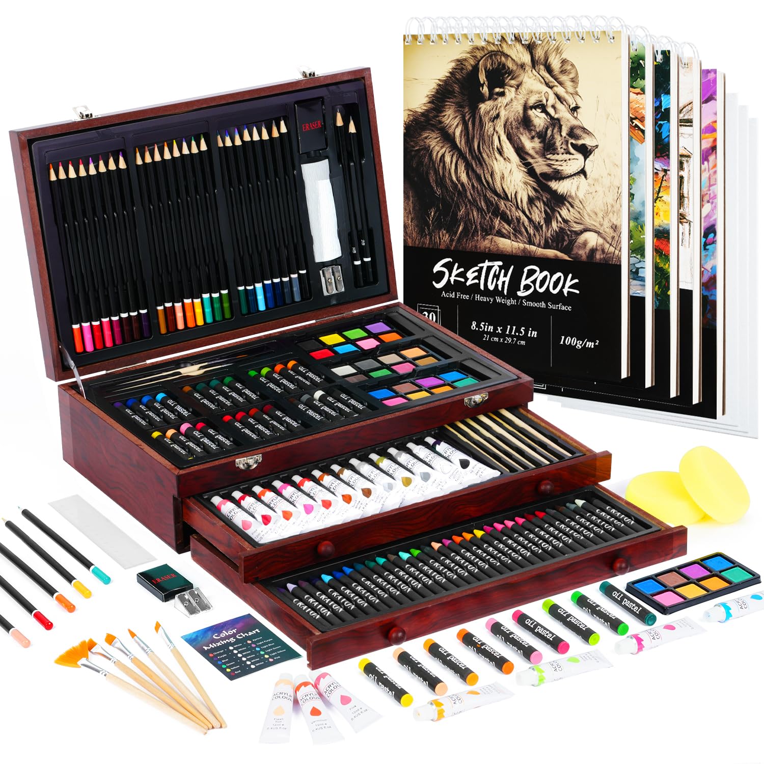 196-Piece Deluxe Art Kit with Acrylic Paint, Oil Pastels, Crayons & Colored Pencils - Includes 5 Drawing Pads & Canvases in Wooden Storage Box - Perfect Gift for Kids, Teens & Adult Beginners - Ideal for Home, School & DIY Art Projects