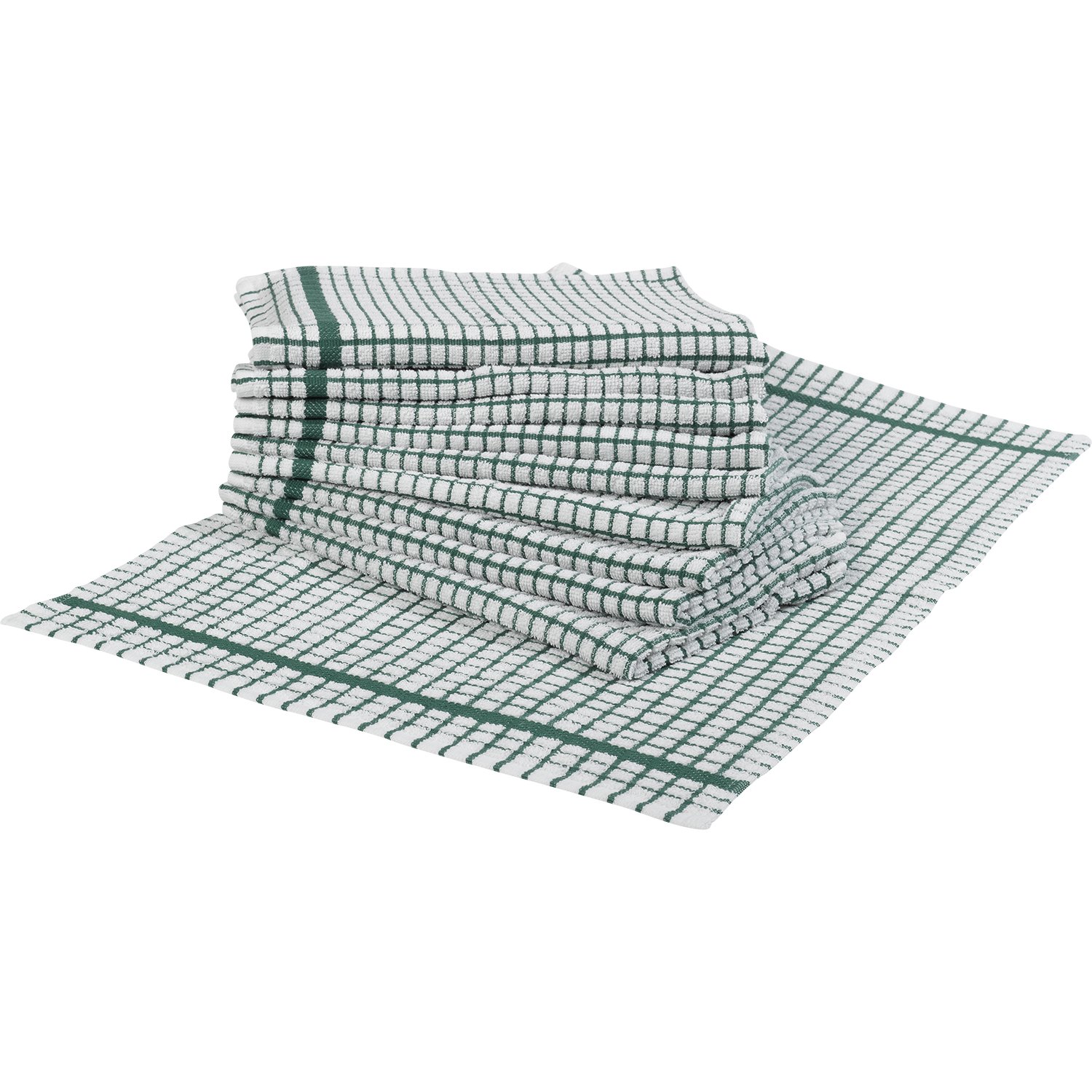 10-Pack Terry Check 100% Cotton Absorbent Tea Towels - White with Green Check Pattern - Premium Kitchen & Catering Cloths for Dish Drying, Cleaning & Decor