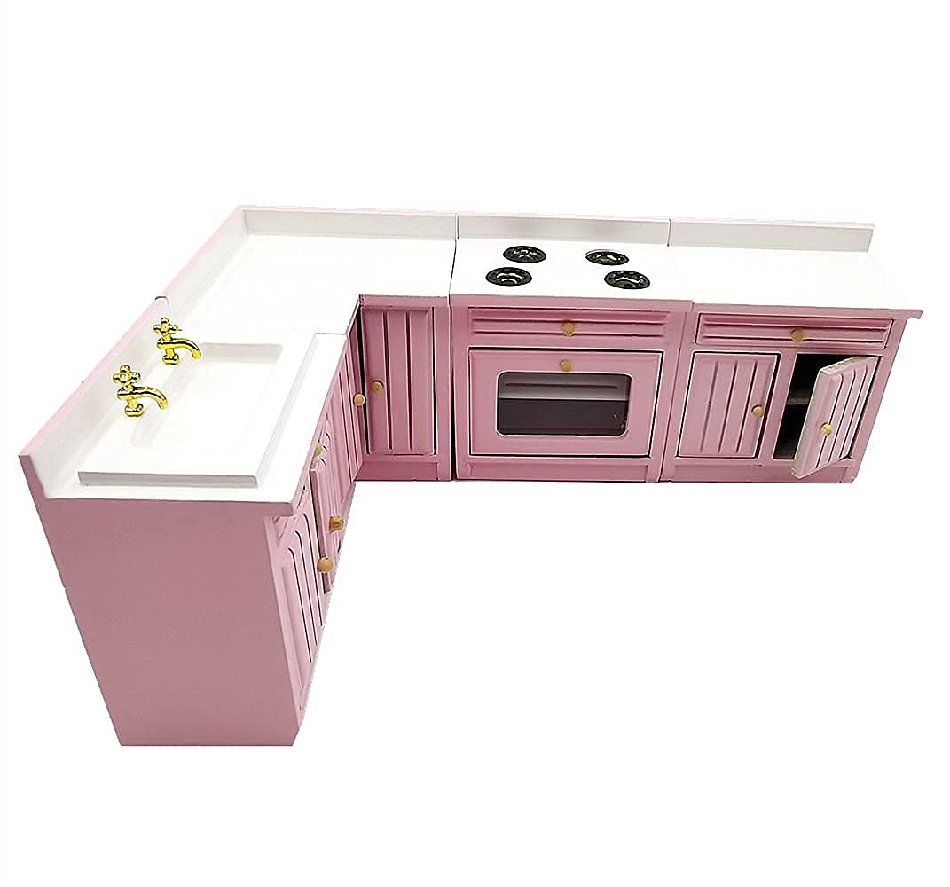 1:12 Scale Miniature Wooden Kitchen Cabinet Set - Pink Dollhouse Furniture for DIY Decoration | Perfect for Dollhouse, Model House & Collectible Displays