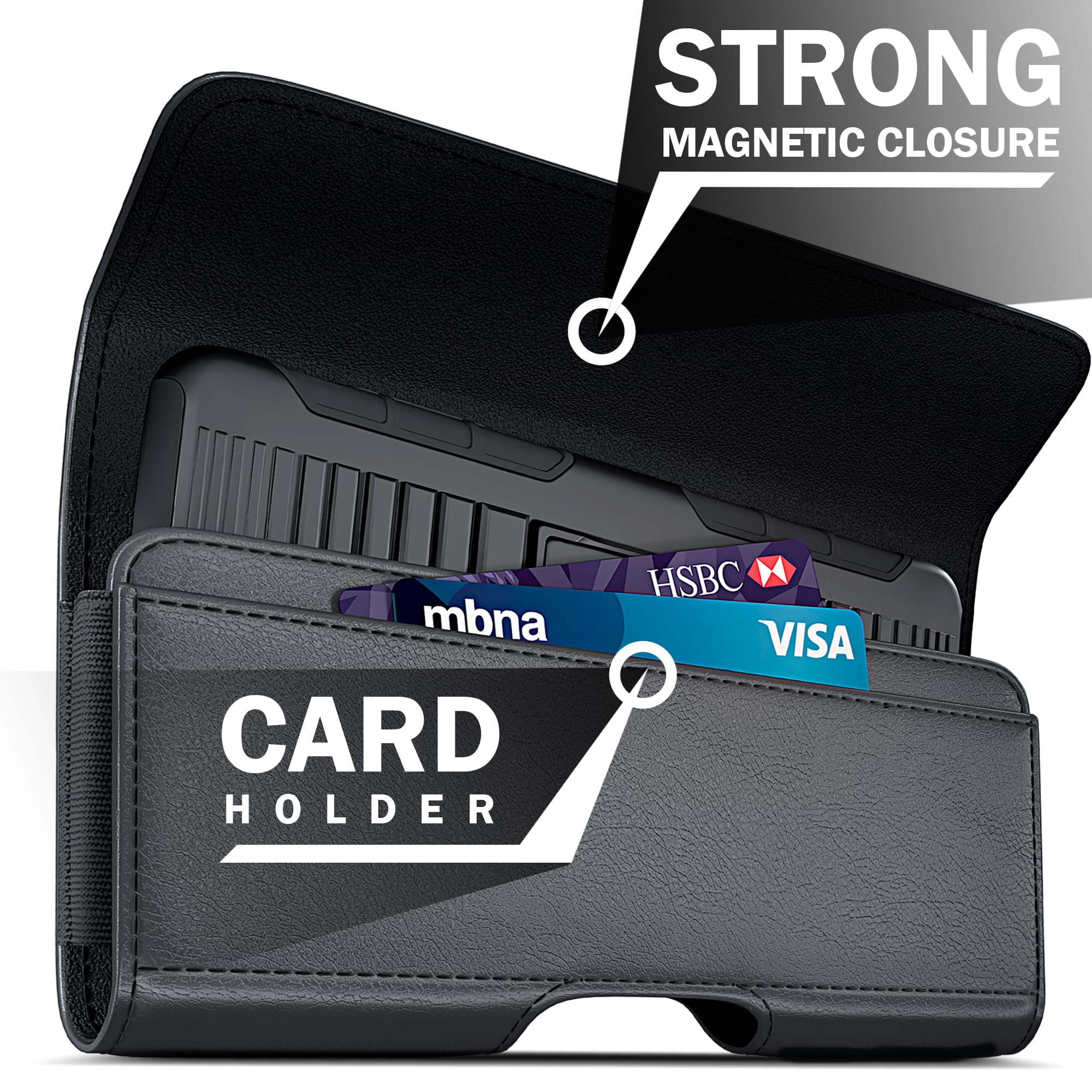DeBin iPhone 16 Pro Max/16 Plus/15 Pro Max/14 Plus/13/12/11/Xs/8/7/6s Belt Holster - Men's Leather Phone Case with Clip & ID Card Holder - Compatible with Otterbox Commuter Case (Large, Black) - Perfect for Work, Travel & Outdoor Activities