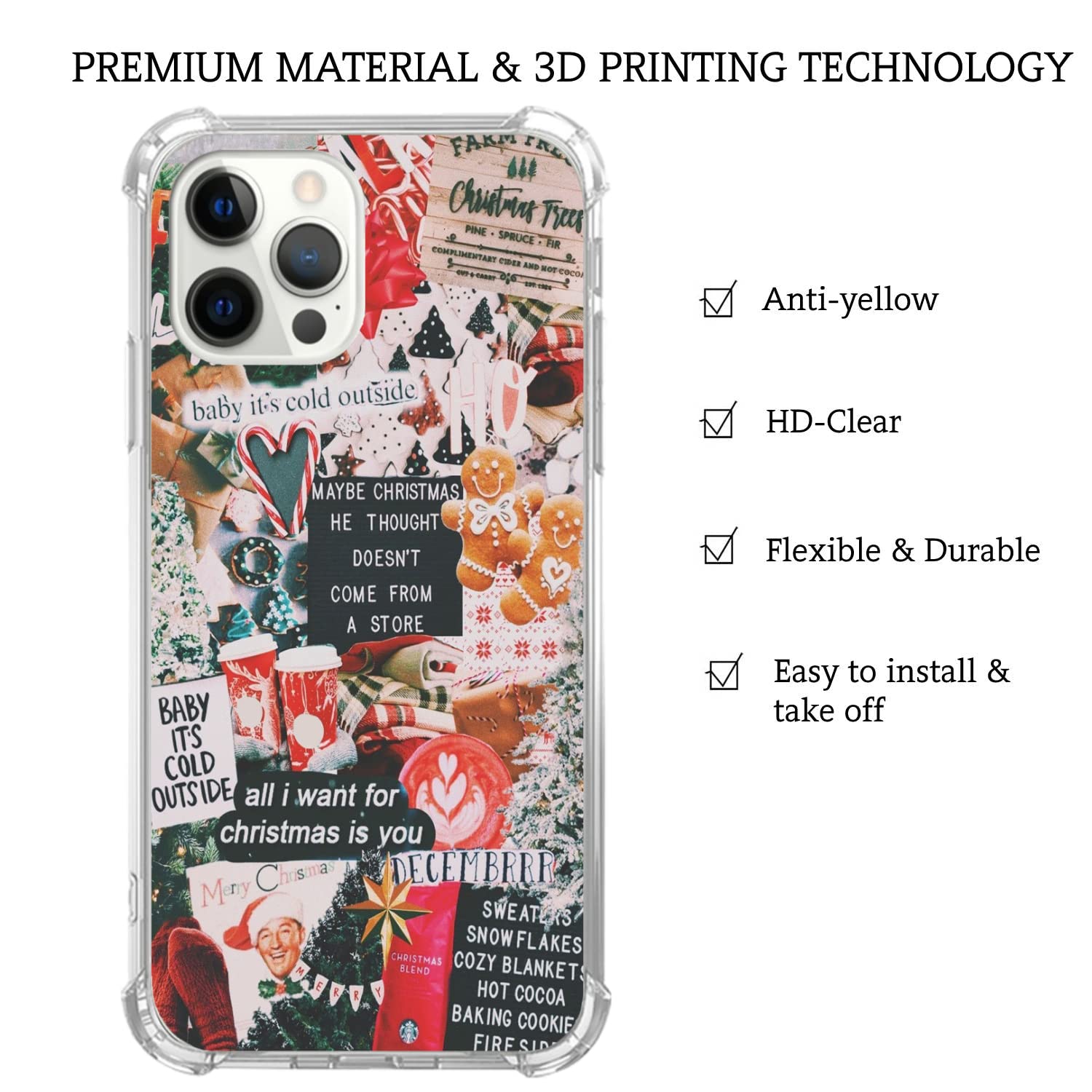 Christmas iPhone 12 Pro Max Case - Winter Collage Design with Retro Christmas Tree & Gingerbread Pattern | Trendy TPU Bumper Cover for Women & Men | Perfect Holiday Gift & Seasonal Protection