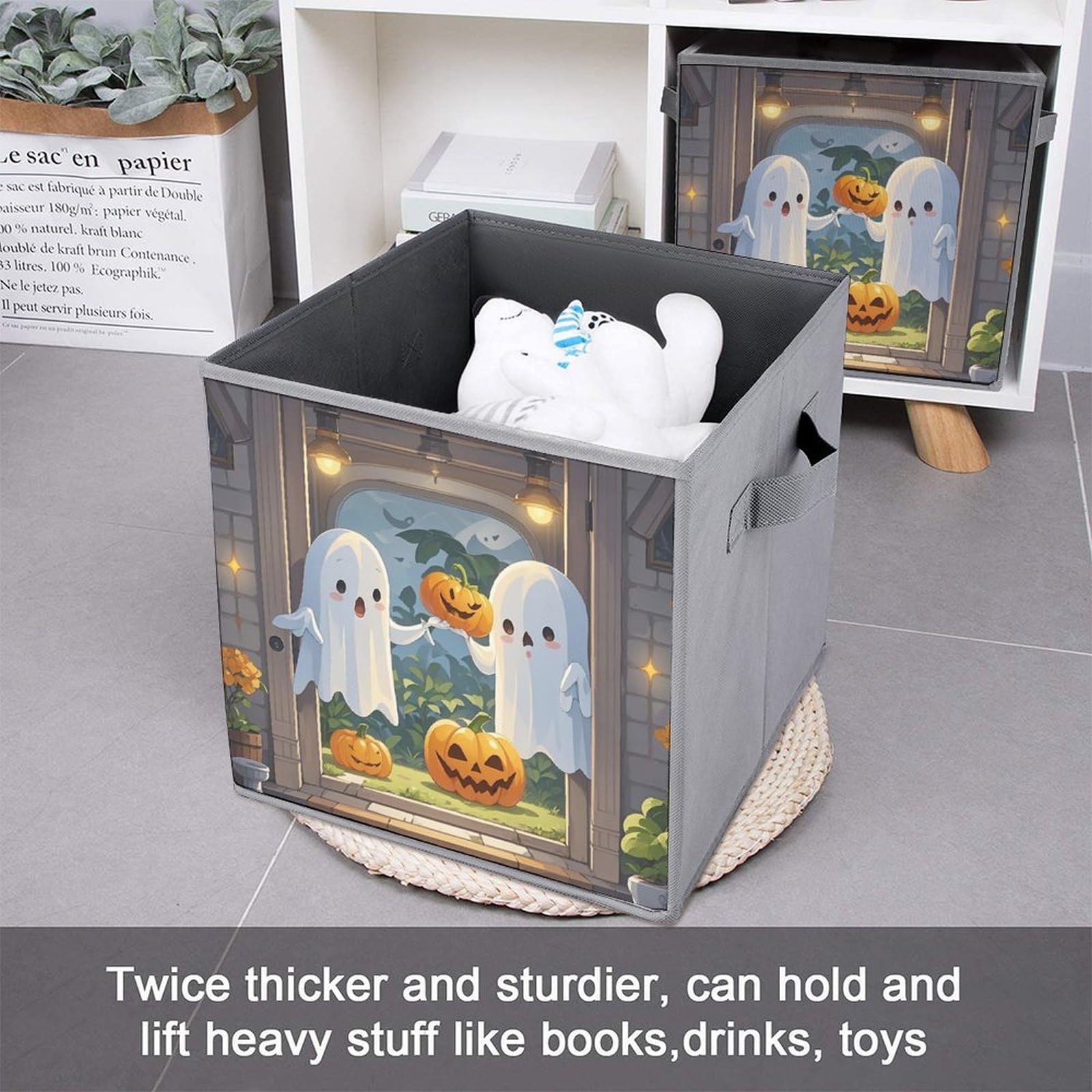 Foldable Storage Bins with Handle - Large Capacity Ghost Printed Organizer for Playroom, Office & Home