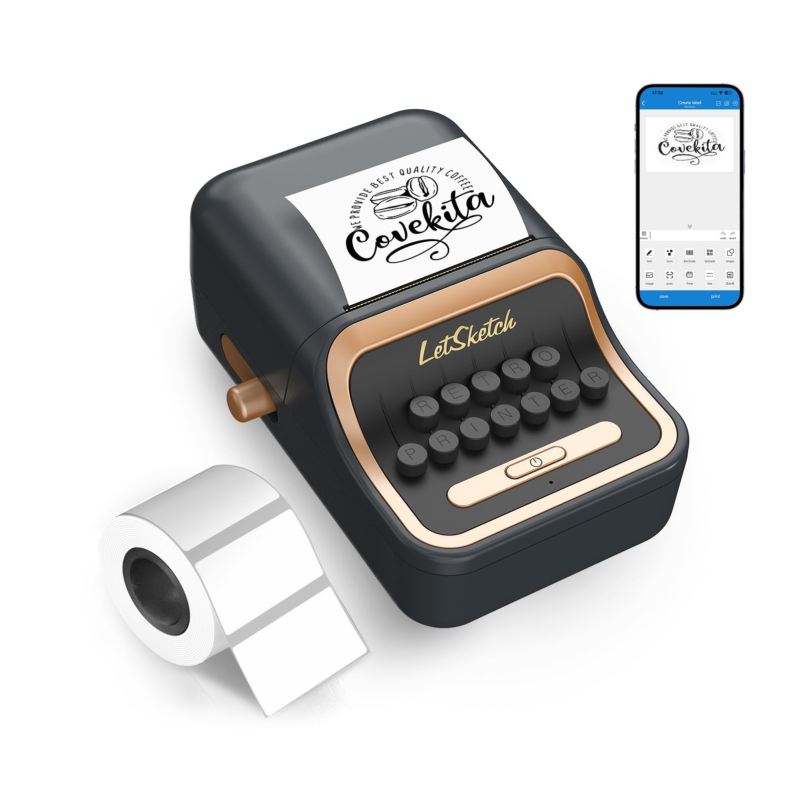 Wireless Mini Retro Label Maker Machine with Tape - Bluetooth Portable Thermal Sticker Printer for Phone, Small Business, Address, Logo, QR Code, Food, Home & Kitchen (50×30mm Labels, Black) | Perfect for Organizing, Gift Wrapping & Product Labeling