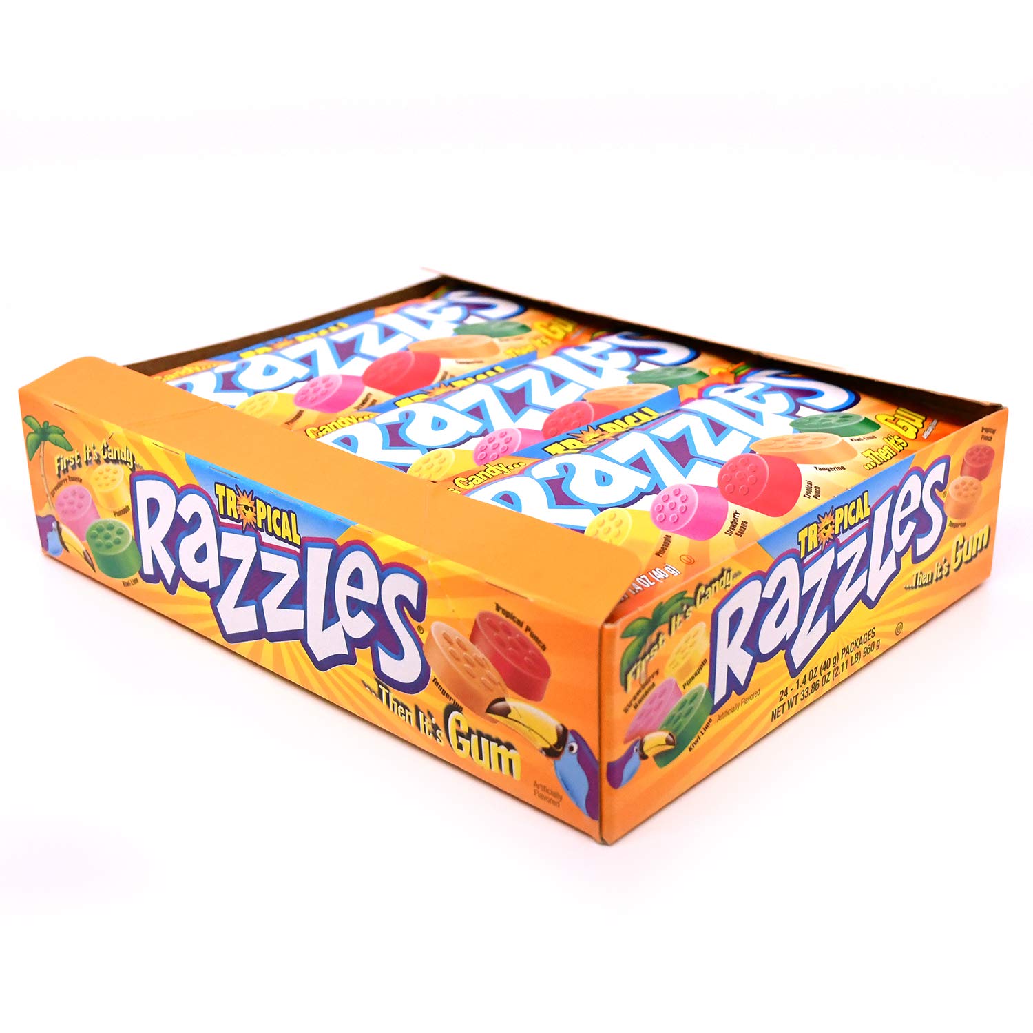 Razzles Tropical Flavor Candy & Gum - 1.4oz (24 Pack) | Fun Chewing Gum That Turns Into Candy | Perfect for Parties, Halloween Treats & Office Snacks