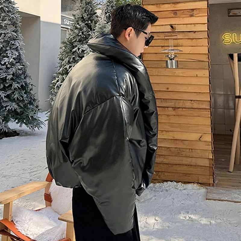 Men's American Style PU Leather Down Jacket - Solid Color Winter Parka Coat with Niche Design | Trendy & Warm for Outdoor Activities, Travel & Daily Wear | 9C4005