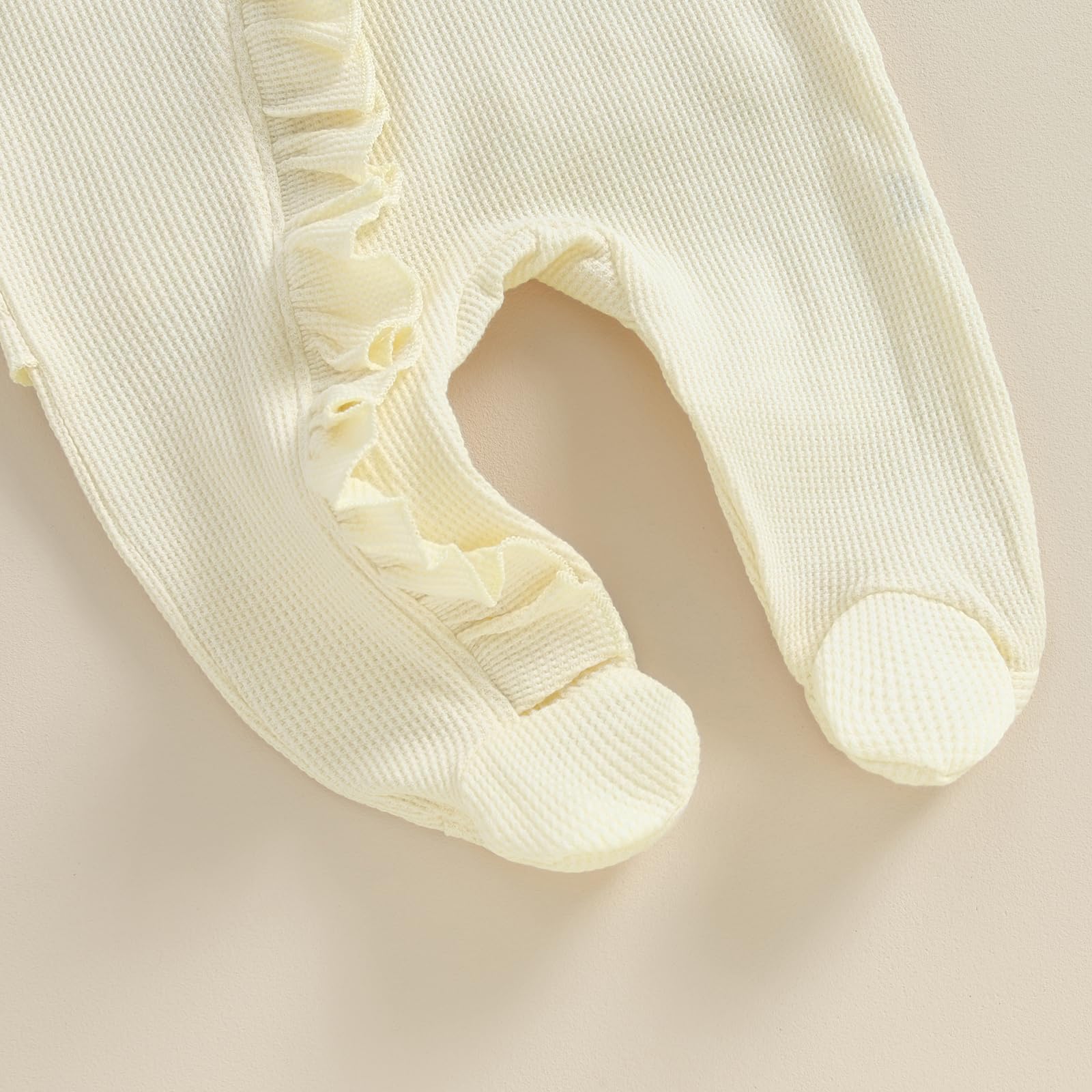 Adorable Newborn Baby Girl Waffle Knit Footie Romper with Zipper & Ruffle Detail - Soft Winter Jumpsuit for Infants 0-3 Months | Perfect for Fall Photoshoots, Holiday Outfits & Cozy Nursery Wear