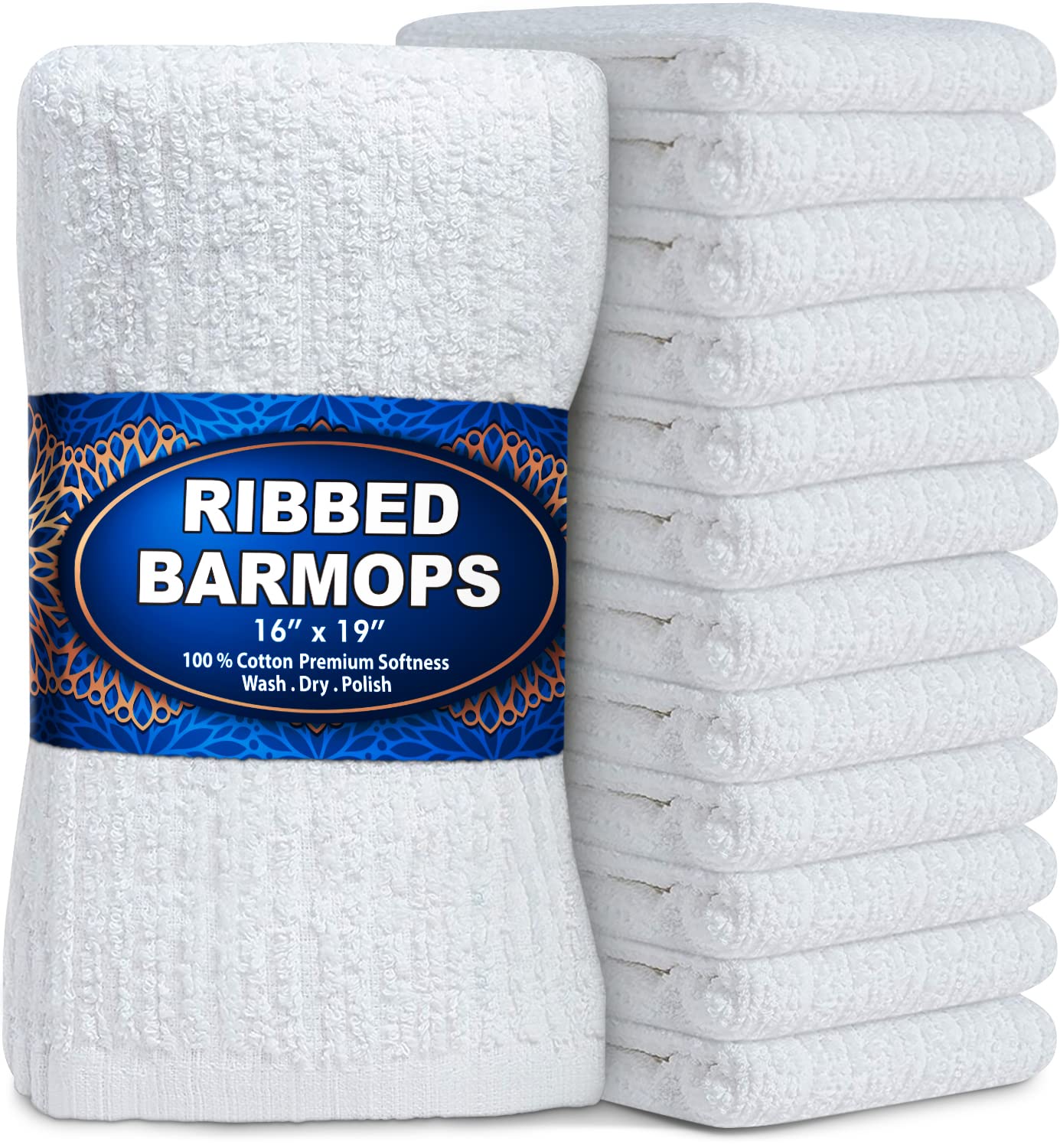 Premium 12-Pack White Cotton Bar Mops Kitchen Towels - 100% Ring Spun Cotton, 16x19 Inch Ribbed Dish Cloths for Restaurant, Home & Commercial Cleaning - Absorbent & Durable Cleaning Rags for Dishes, Countertops & Spills