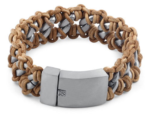 Stainless Steel Chain Tan Leather Bracelet for Men & Women - Trendy Boho Chic Jewelry Gift for Casual Wear & Everyday Fashion Accessories