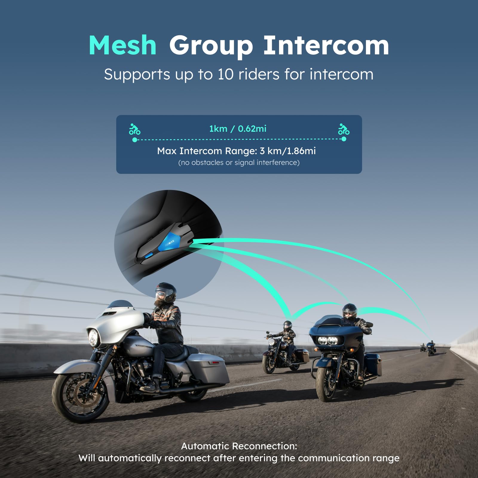 Z1 Motorcycle Bluetooth Headset - Hi-Fi Stereo Speakers for ATV/Snowmobile/Ski Helmet - 10 Rider Mesh Intercom System with FM Radio & AI Voice Control - 42 Min Fast Charging - Perfect for Group Riding, Off-Road Adventures & Winter Sports