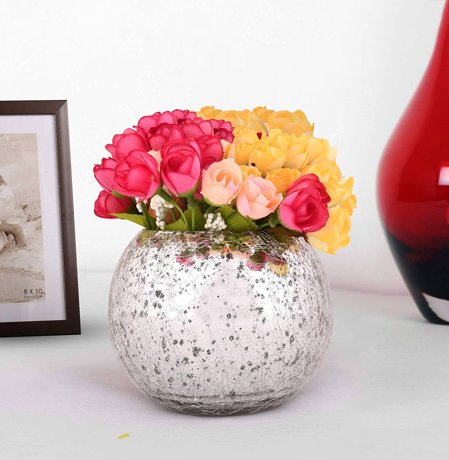 TIED RIBBONS Artificial White Flowers in Glass Vase - 8x8x14cm (1 Vase & 1 Flower Bunch) - Perfect for Home Decor, Wedding Centerpieces & Office Table Arrangements