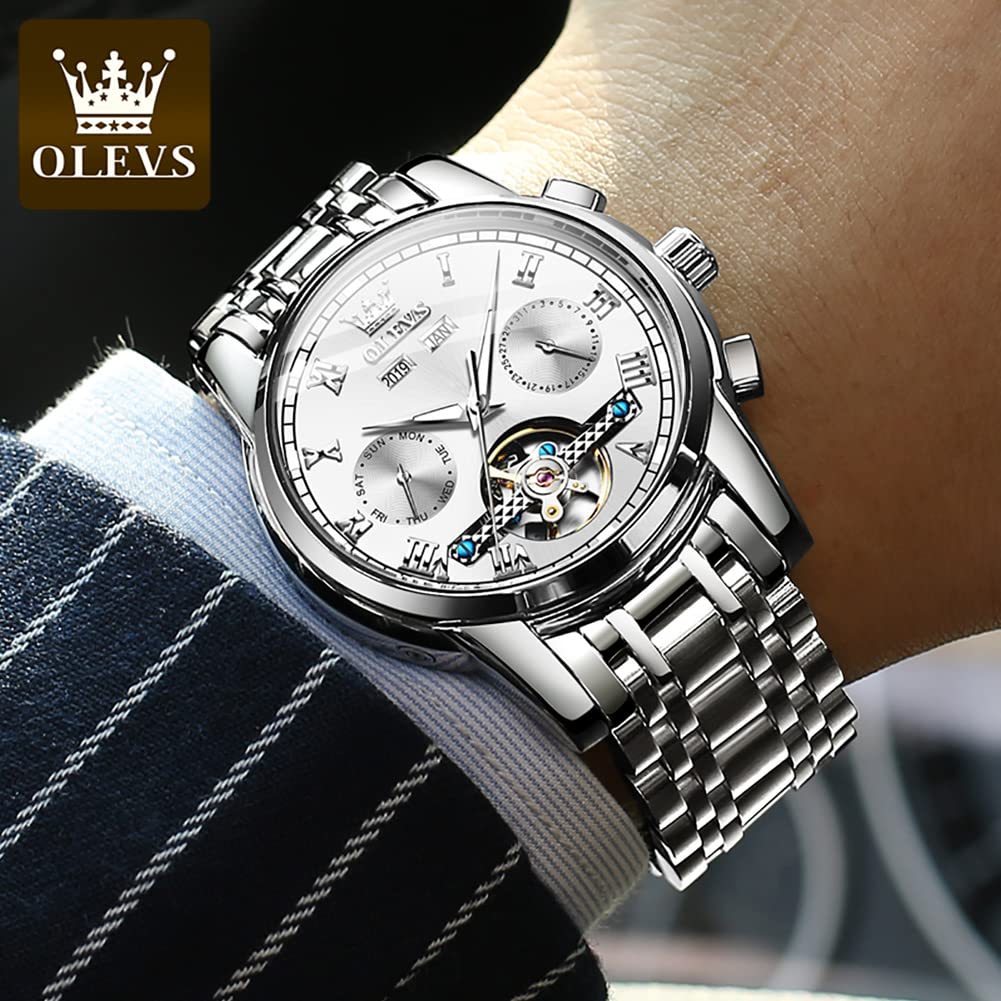OLEVS Automatic Self-Winding Men's Watch with Date & Day Calendar - Stainless Steel Skeleton Tourbillon Watch - No Battery Needed, Waterproof - Perfect for Business, Casual & Formal Occasions