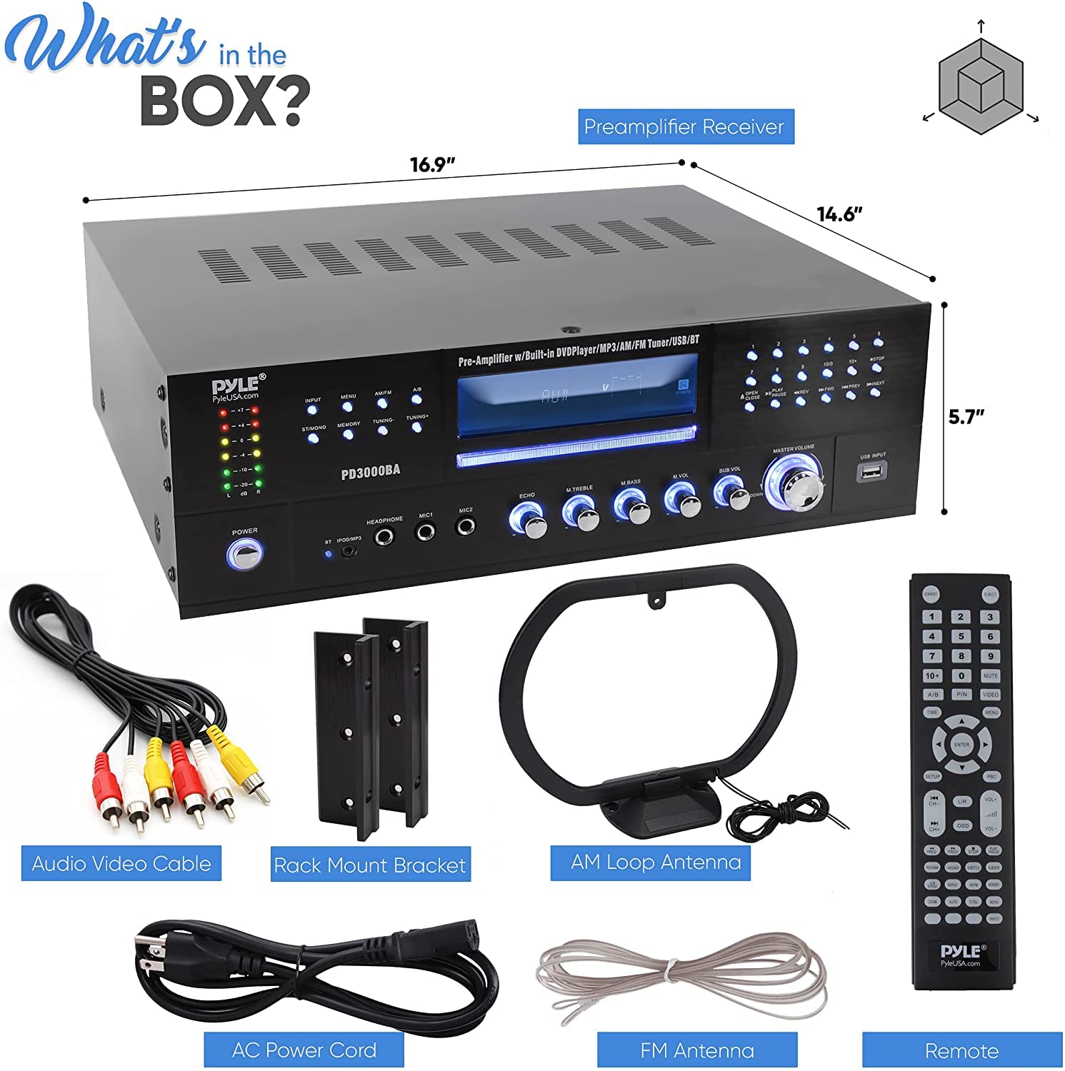 Pyle 4 Channel Wireless Bluetooth Amplifier - 3000W Peak Power Stereo Home Audio Receiver with FM Radio, USB, 2 Mic Inputs with Echo, HDMI & 24-Bit Decoder, Front-Loading CD/DVD Player, LED Display, Rack Mountable - Perfect for Home Theater, Karaoke Parties, and Professional DJ Setups