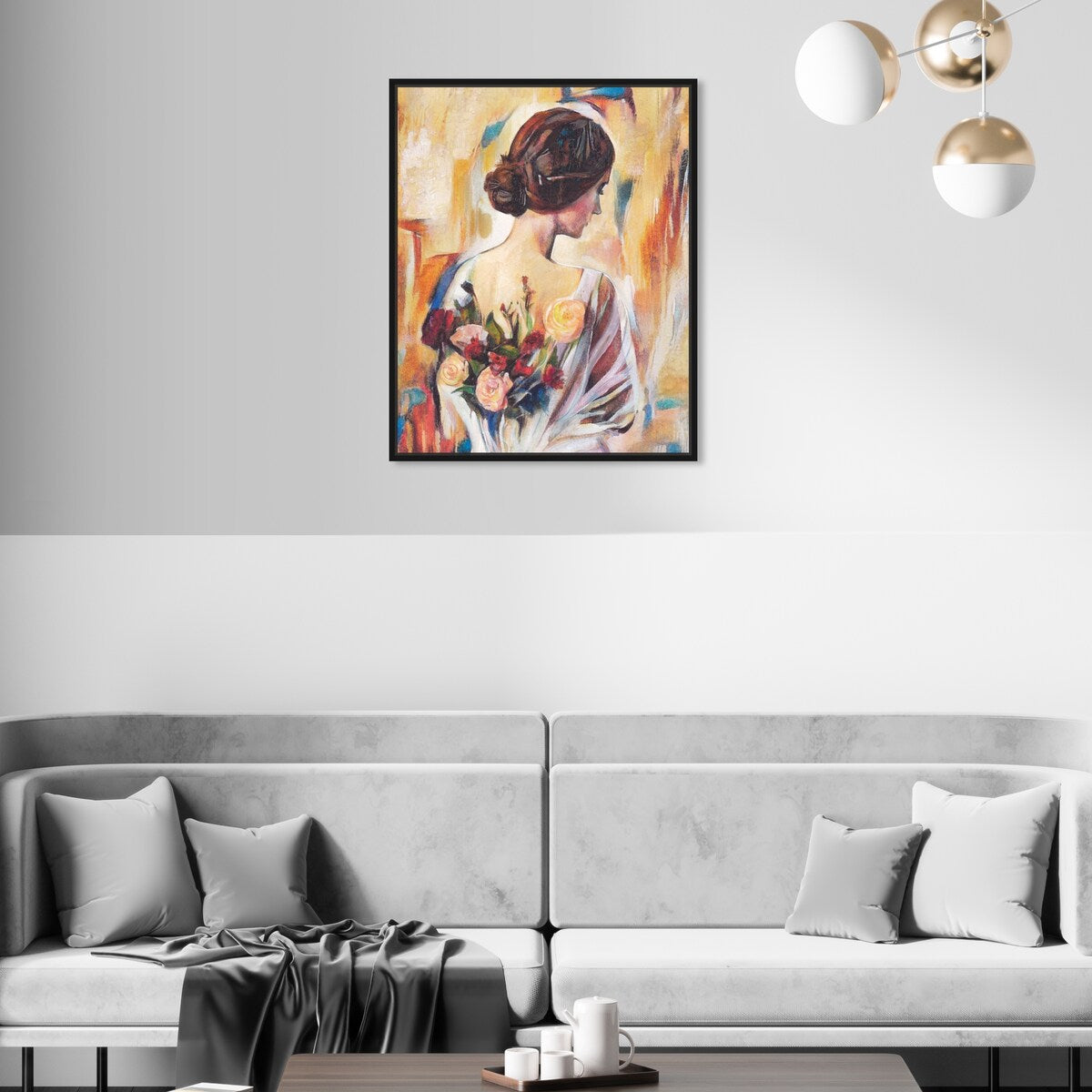 Modern White Framed Canvas Wall Art Print - Floral Back and Flowers Design for Female Beauty, Perfect for Bedroom Decor & Living Room Aesthetic