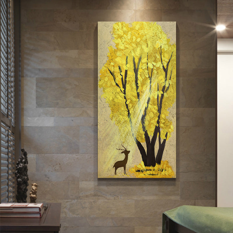 Original Handmade Deer Landscape Painting - Gold Tree Modern Art Canvas Wall Decor for Living Room, Bedroom & Office