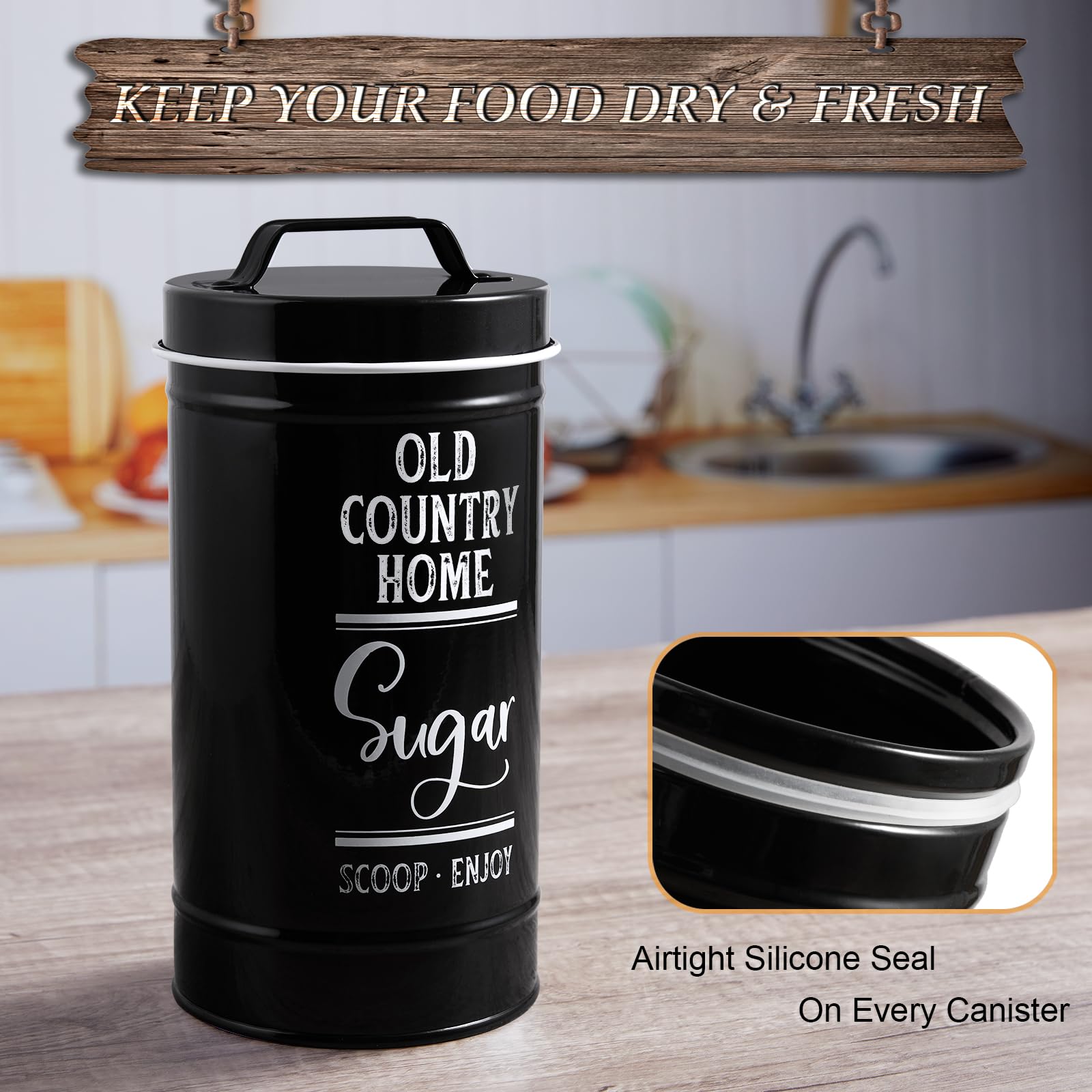 Black Airtight Kitchen Canisters Set of 4 - Flour, Sugar, Tea & Coffee Storage Containers for Countertop, Modern Black Kitchen Decor and Accessories for Baking and Organizing