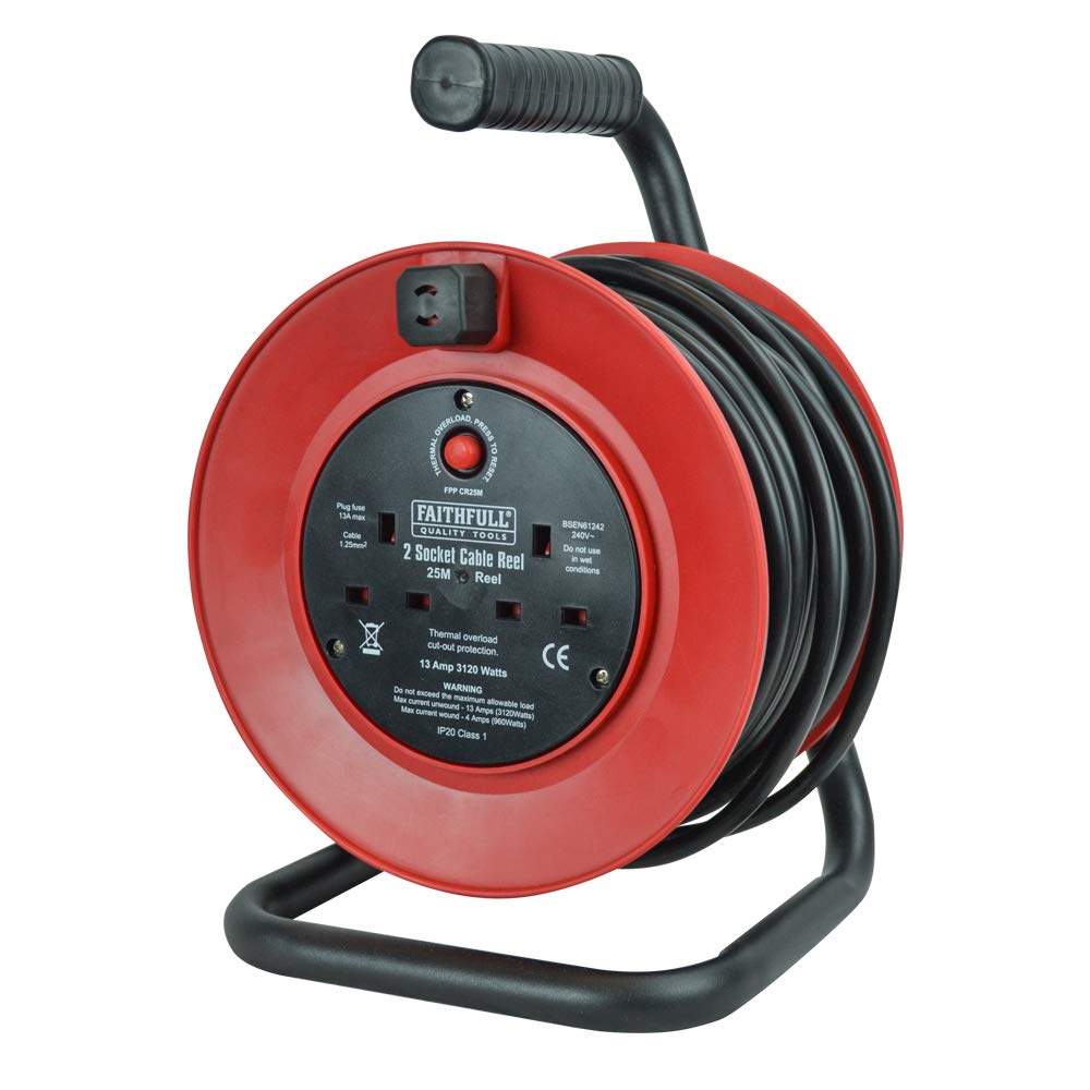 25m 13A 240V Heavy Duty Cable Reel - Extension Cord for Outdoor, Workshop & Construction Use