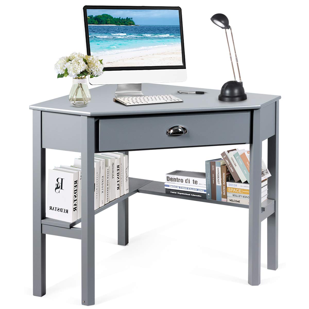 Tangkula Grey Corner Computer Desk with Drawer & Storage Shelves - 90° Triangle Small Space Desk for Home Office, Gaming & Makeup Vanity | Compact Workstation Solution for Apartments & Dorm Rooms
