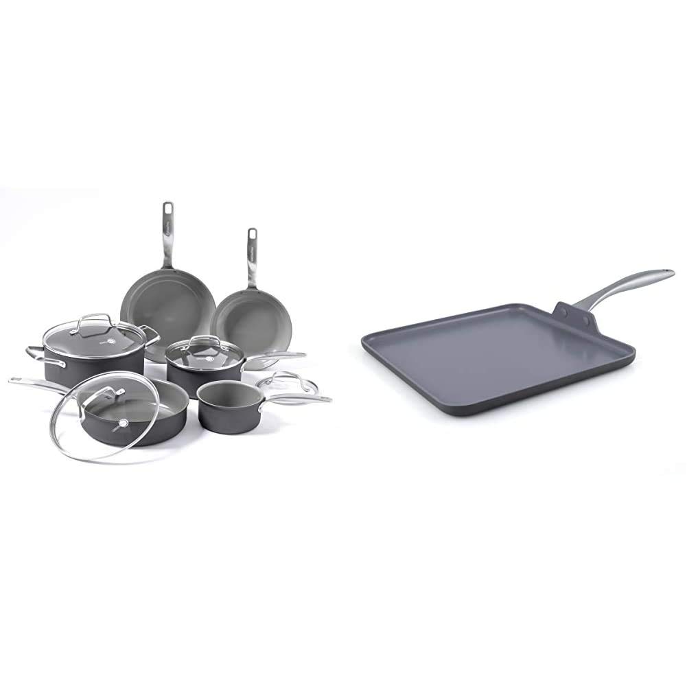 GreenPan Chatham 10-Piece Ceramic Non-Stick Cookware Set & Lima 11-Inch Square Ceramic Griddle - Grey Cookware for Healthy Cooking - Perfect for Frying, Sautéing, and Pancake Making