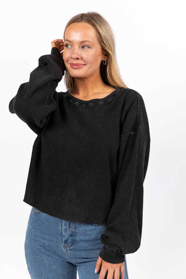 Black Acid Washed Waffle Long Sleeve T-Shirt for Men & Women | Vintage Style Graphic Tee | Casual Streetwear for Outdoors, Concerts & Everyday Wear