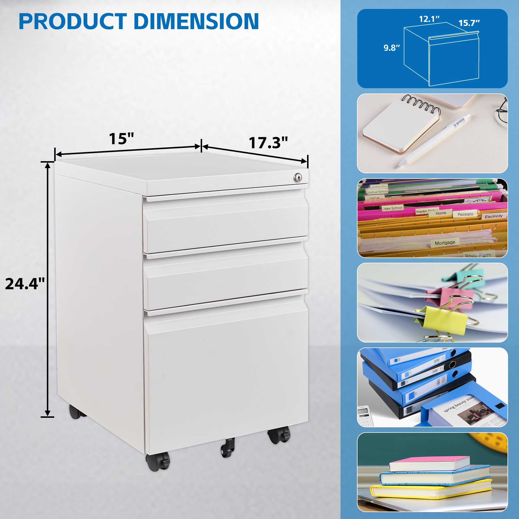 3-Drawer Locking Metal File Cabinet with Wheels - Mobile Vertical Storage for Office & Home - Fully Assembled (White) - Organize Documents, Files & Supplies in Style