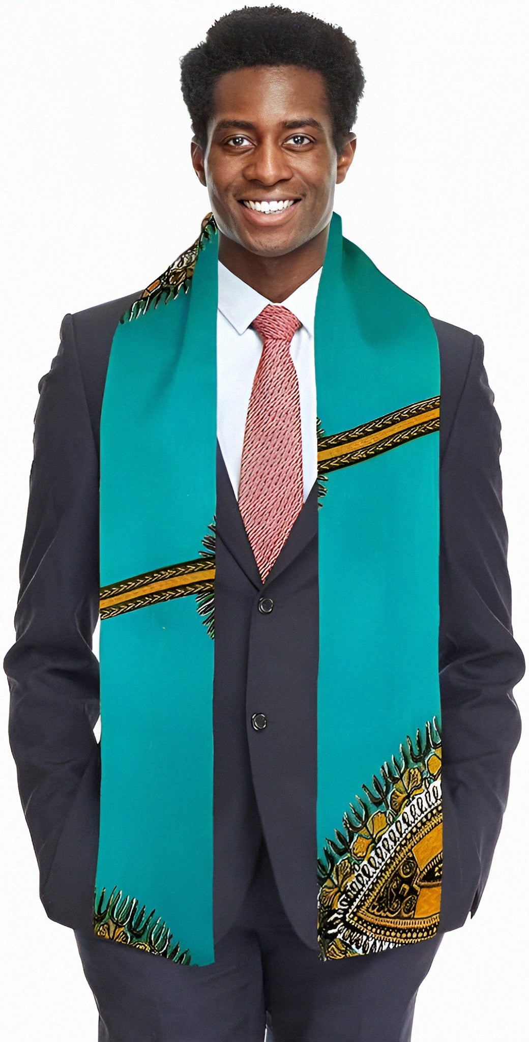 Dupsie's Zambezi Twilight Turquoise Blue Ankara African Print Sash Stole DP3769S - Elegant African Fashion Scarf for Women, Perfect for Weddings, Parties & Cultural Events
